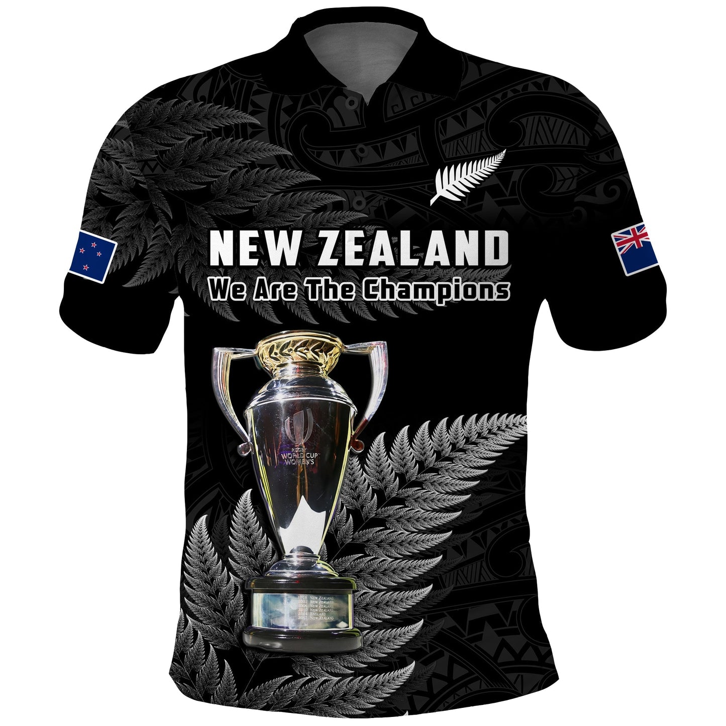 Custom Personalised New Zealand 2022 Rugby Polo Shirt Black Fern Proud Champions RWC