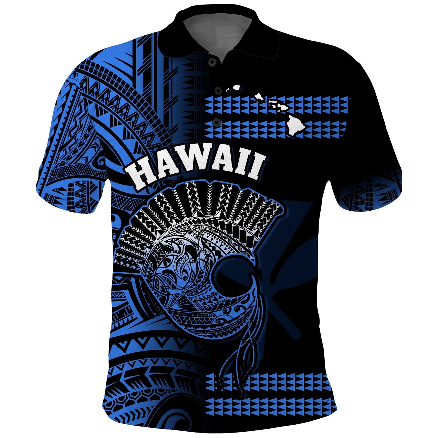 Hawaii Polo Shirt Kakau Warrior Helmet Gradient Blue Polynesian