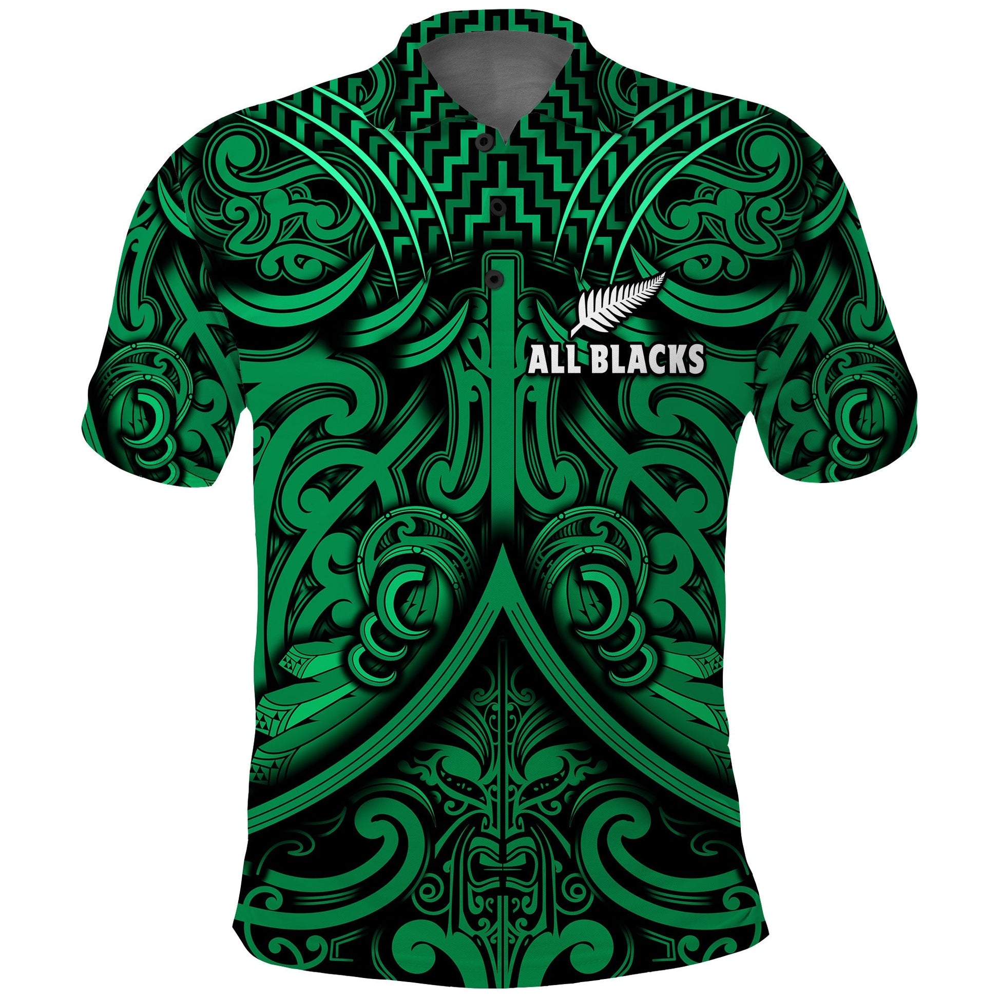 Custom Text and Number New Zealand Silver Fern Rugby Polo Shirt All Black Green NZ Maori Pattern