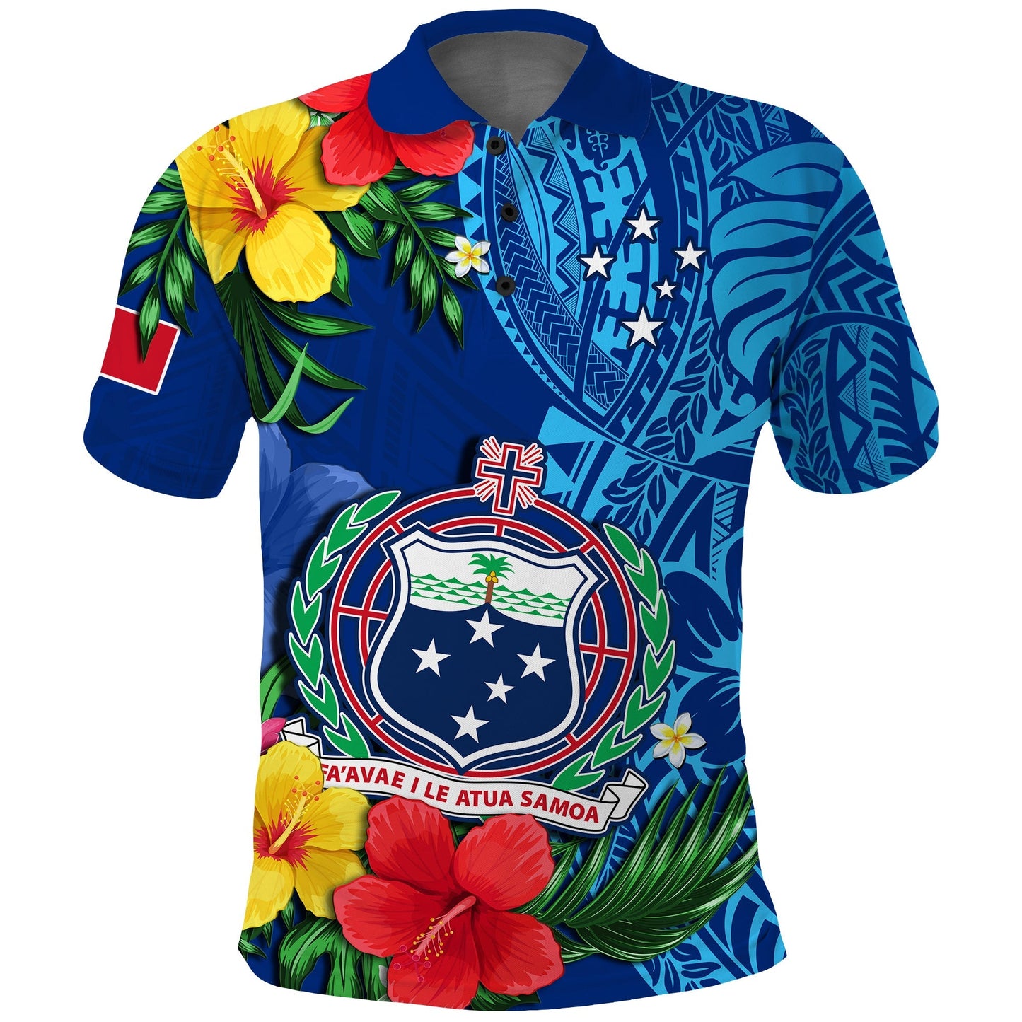 Samoa Polo Shirt Coat Of Arms Mix Tropical Flowers