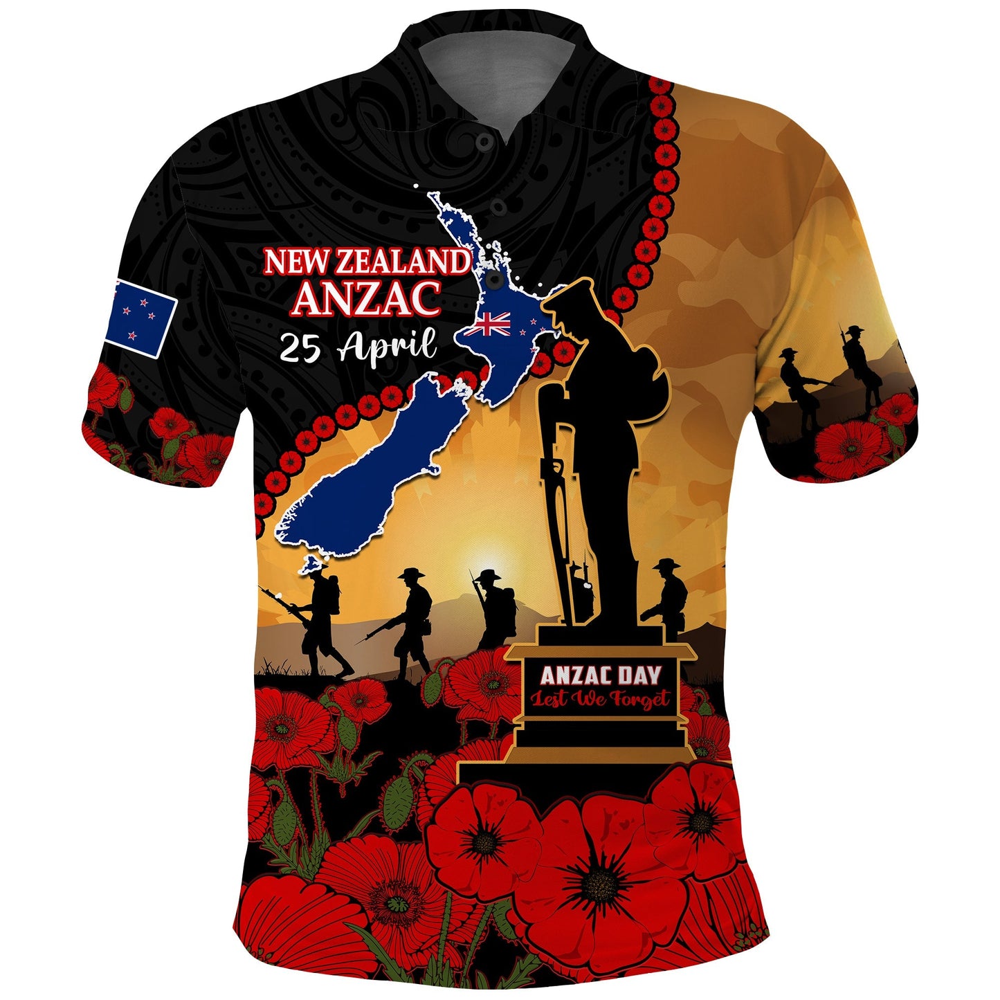 New Zealand Anzac Polo Shirt Maori Camouflage Mix Poppies We Will Remember Them