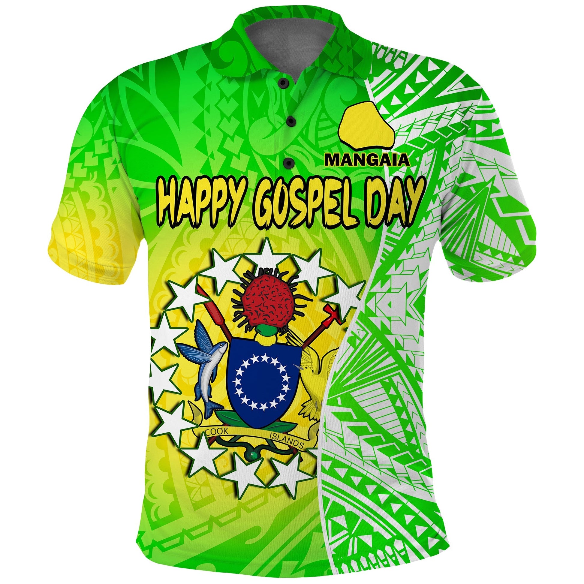 Happy Mangaia Gospel Day Polo Shirt Cook Islands Coat Of Arms Polynesian Pattern