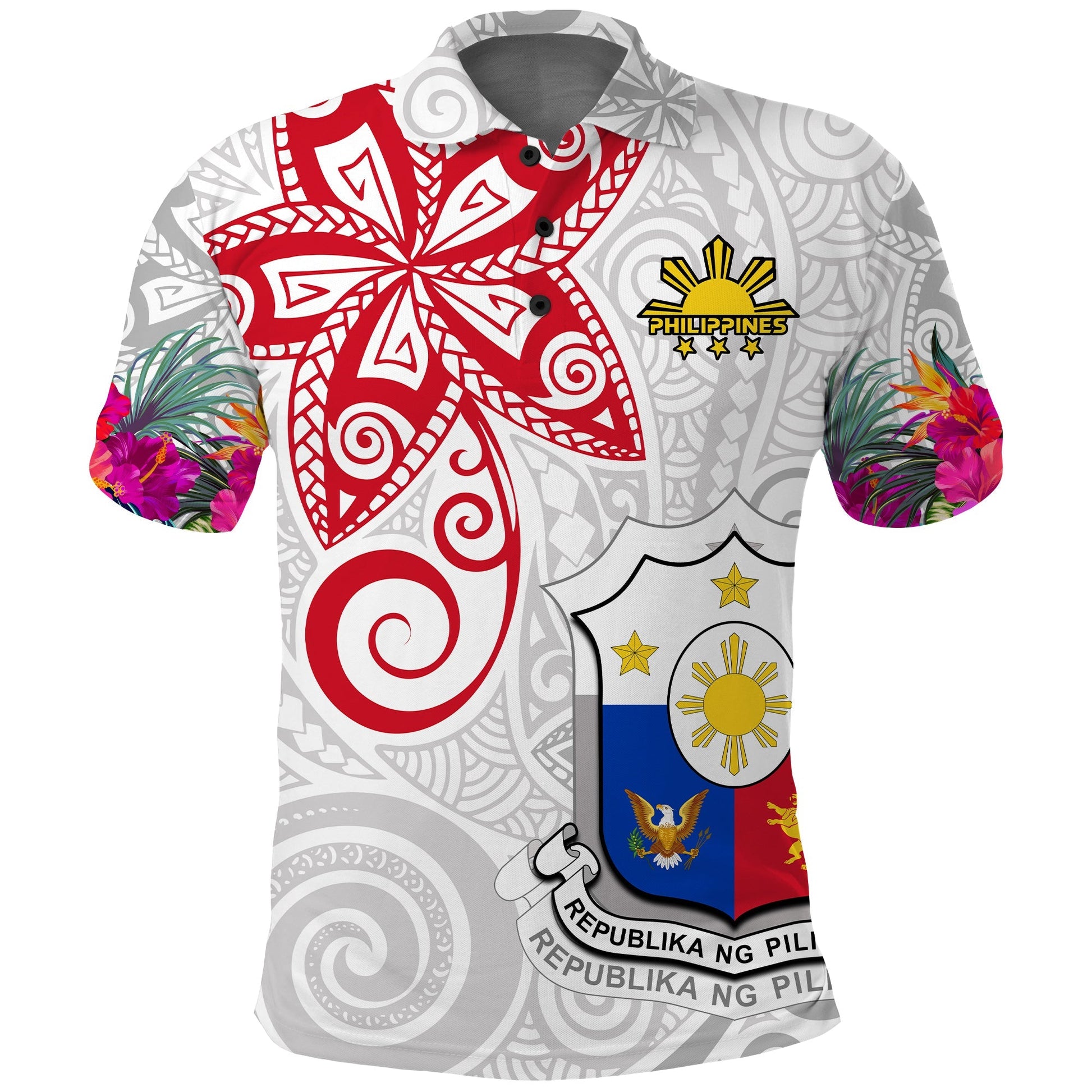 Custom Personalised Philippines Polo Shirt Sun Filipino Polynesian mix Flowers White Vibe