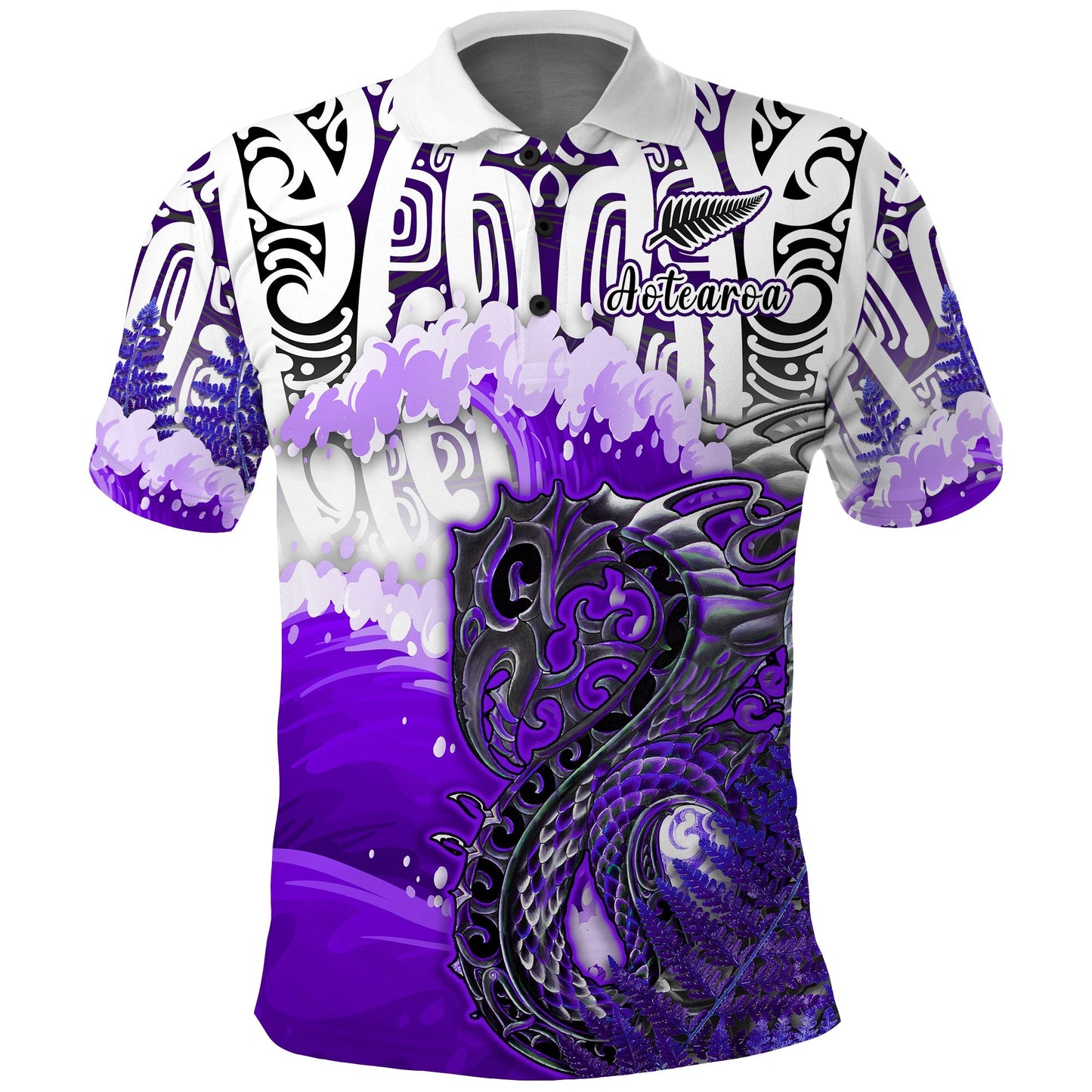 Custom Personalised Manaia Maori Polo Shirt Fern Aotearoa Purple Waves