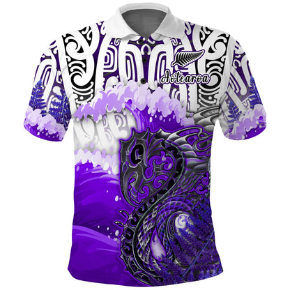 Custom Personalised Manaia Maori Polo Shirt Fern Aotearoa Purple Waves