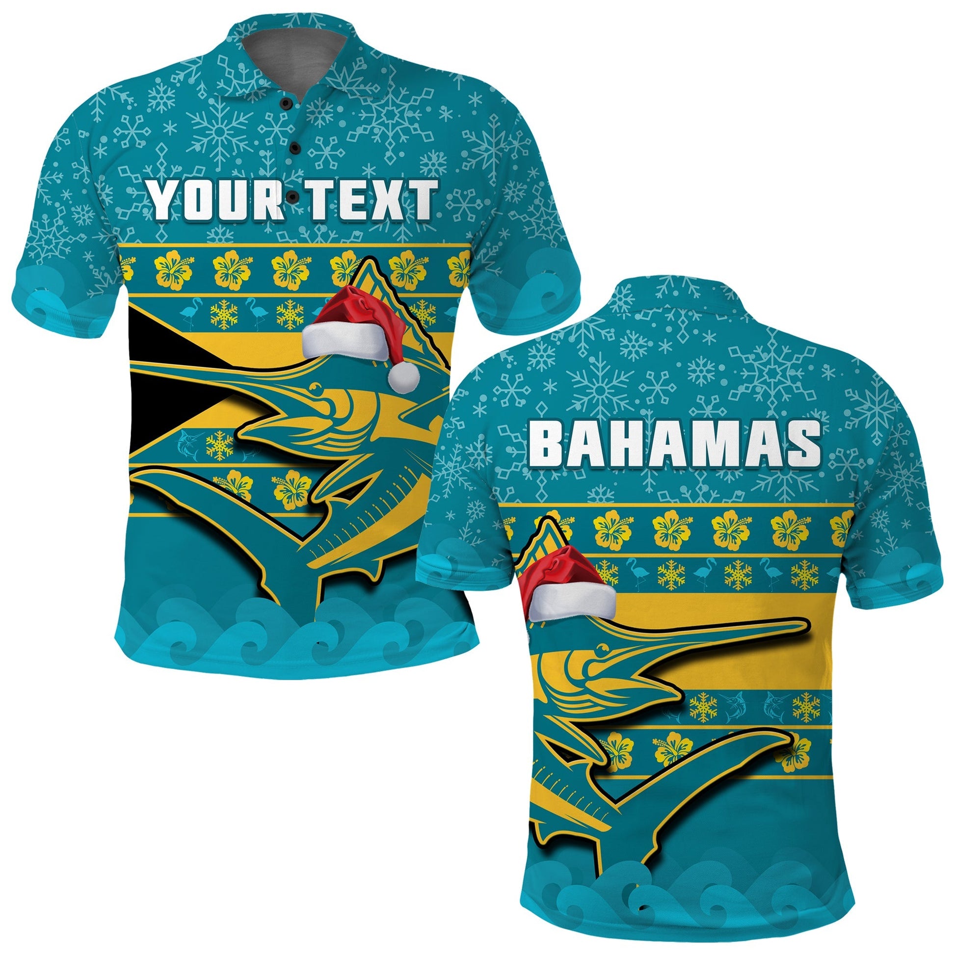 Custom Bahamas Polo Shirt Bahamian Blue Marlin Merry Chirstmas