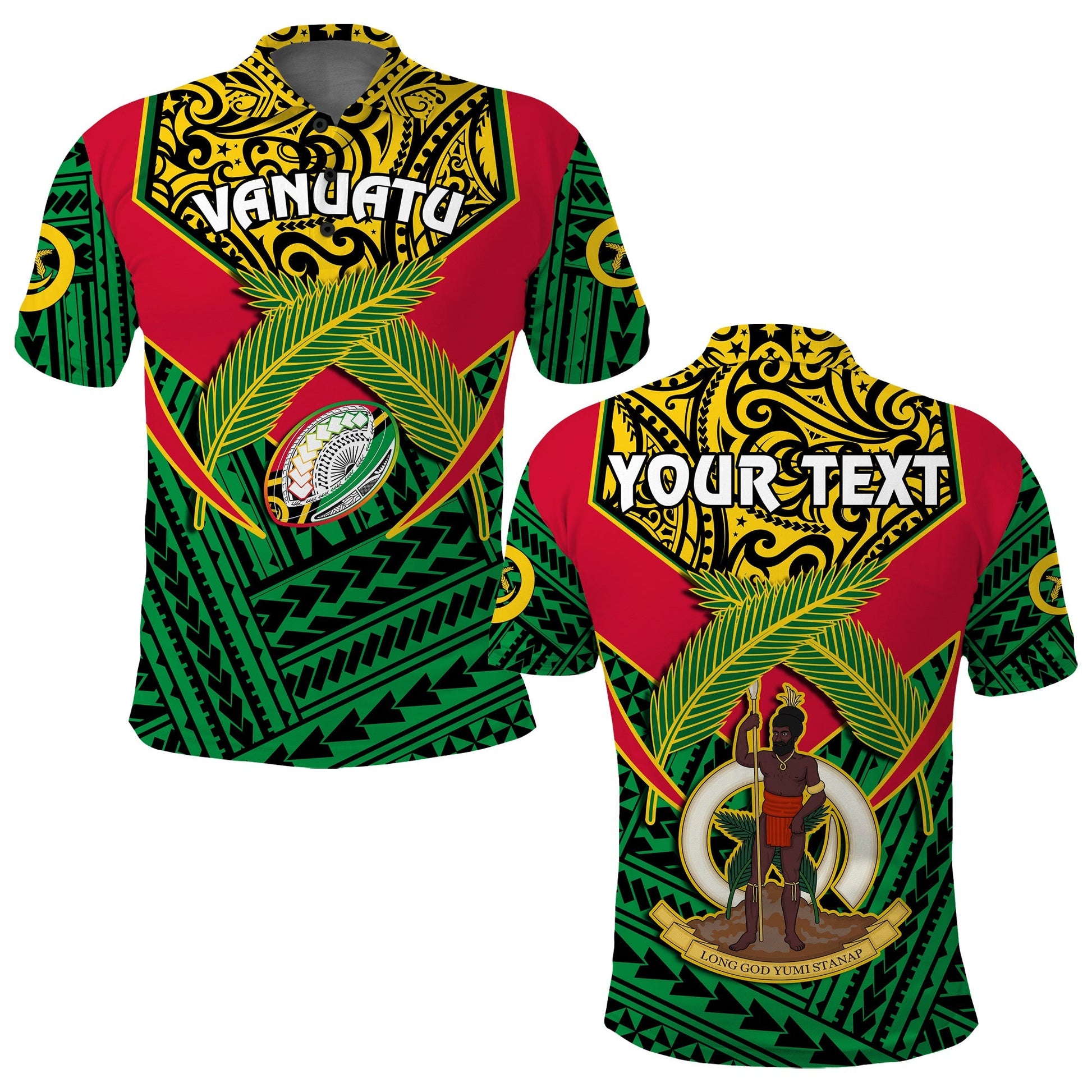 Custom Personalised Vanuatu Rugby Polo Shirt Coat Of Arms Polynesian Pattern