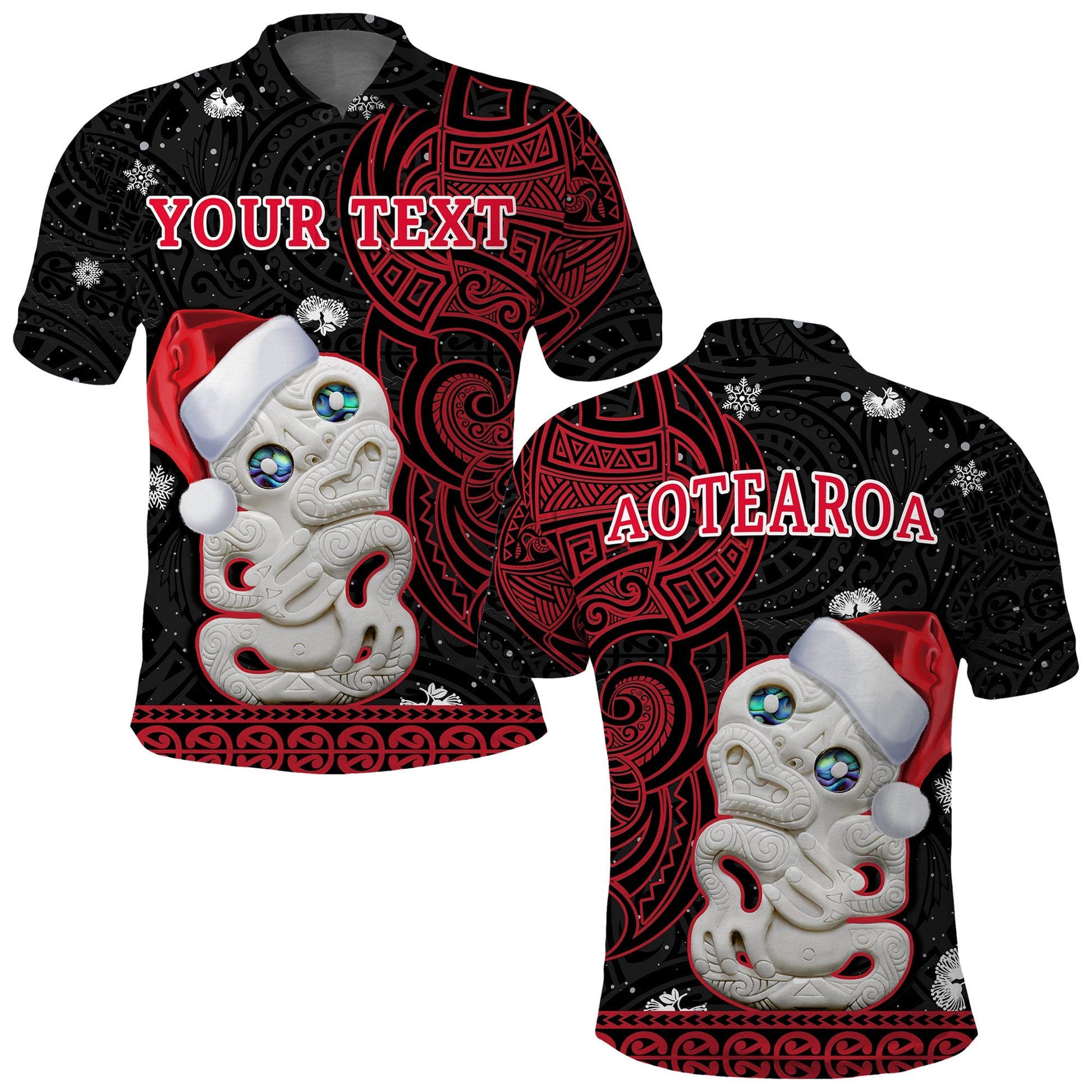 Custom Personalised New Zealand Christmas Polo Shirt Hei Tiki Red Pohutukawa Meri Kirihimete