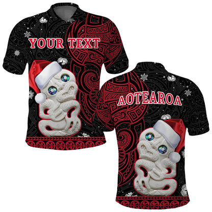 Custom Personalised New Zealand Christmas Polo Shirt Hei Tiki Red Pohutukawa Meri Kirihimete
