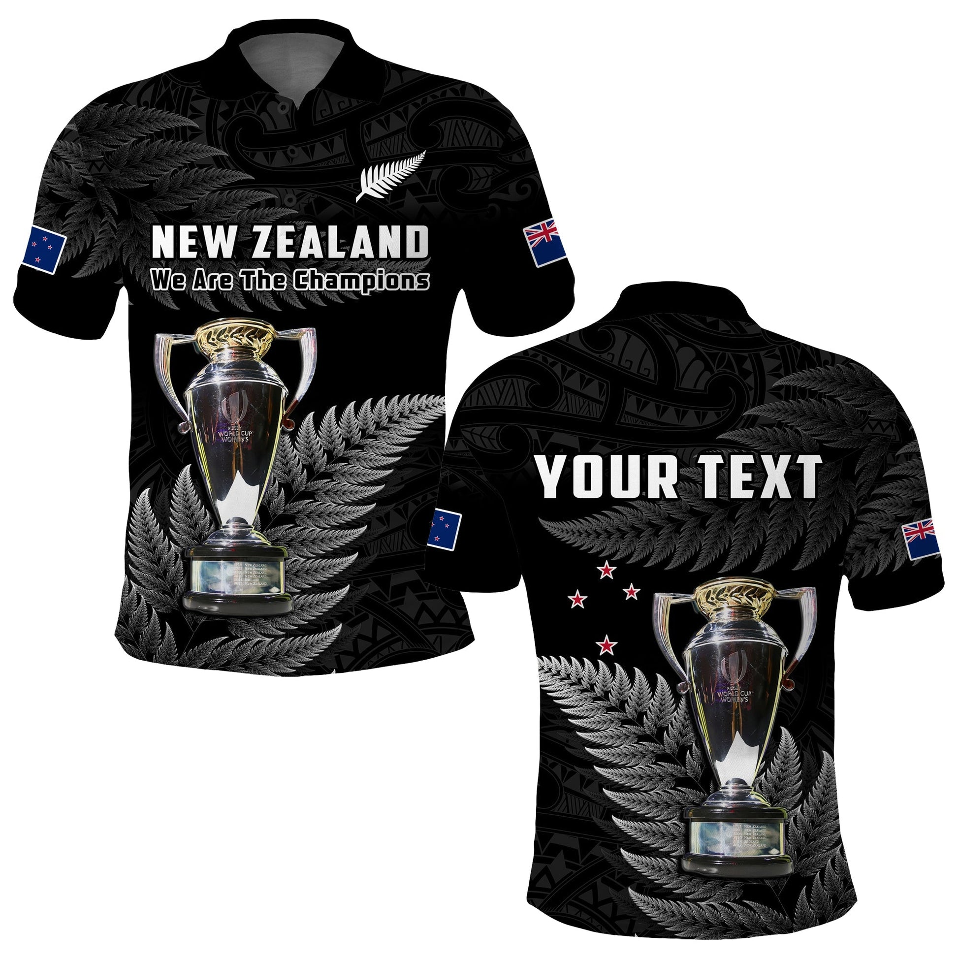 Custom Personalised New Zealand 2022 Rugby Polo Shirt Black Fern Proud Champions RWC