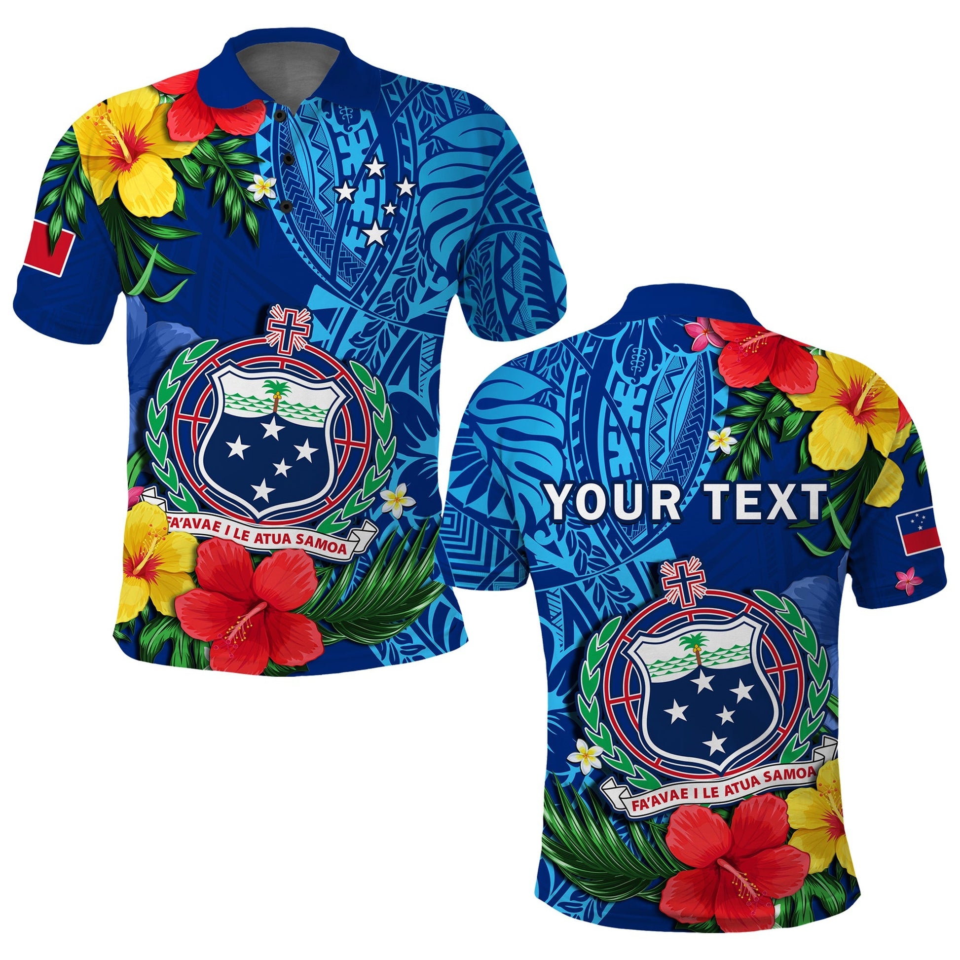Custom Personalised Samoa Polo Shirt Coat Of Arms Mix Tropical Flowers