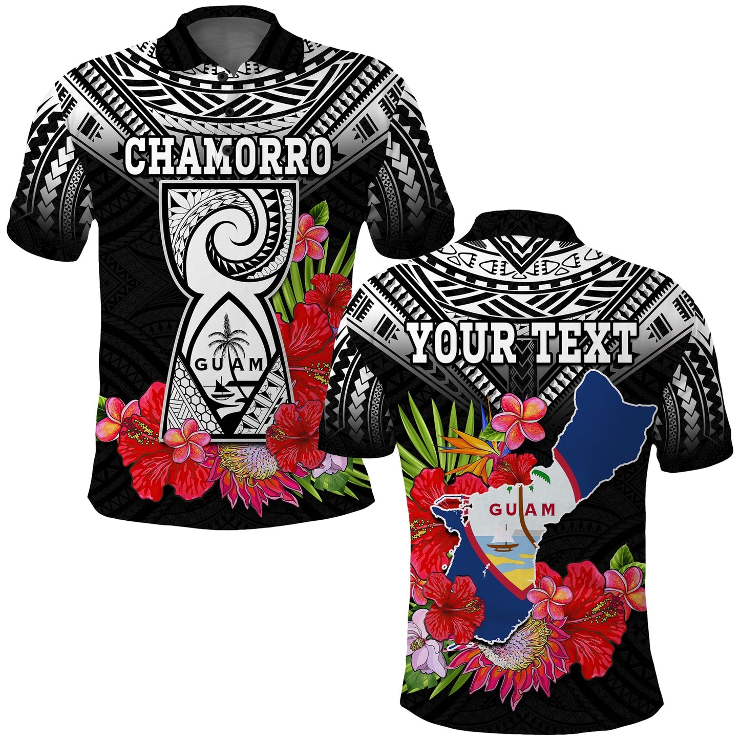 Custom Personalised Guam Chamorro Polo Shirt Guaman Latte Stone Tropical Flowers Black Style