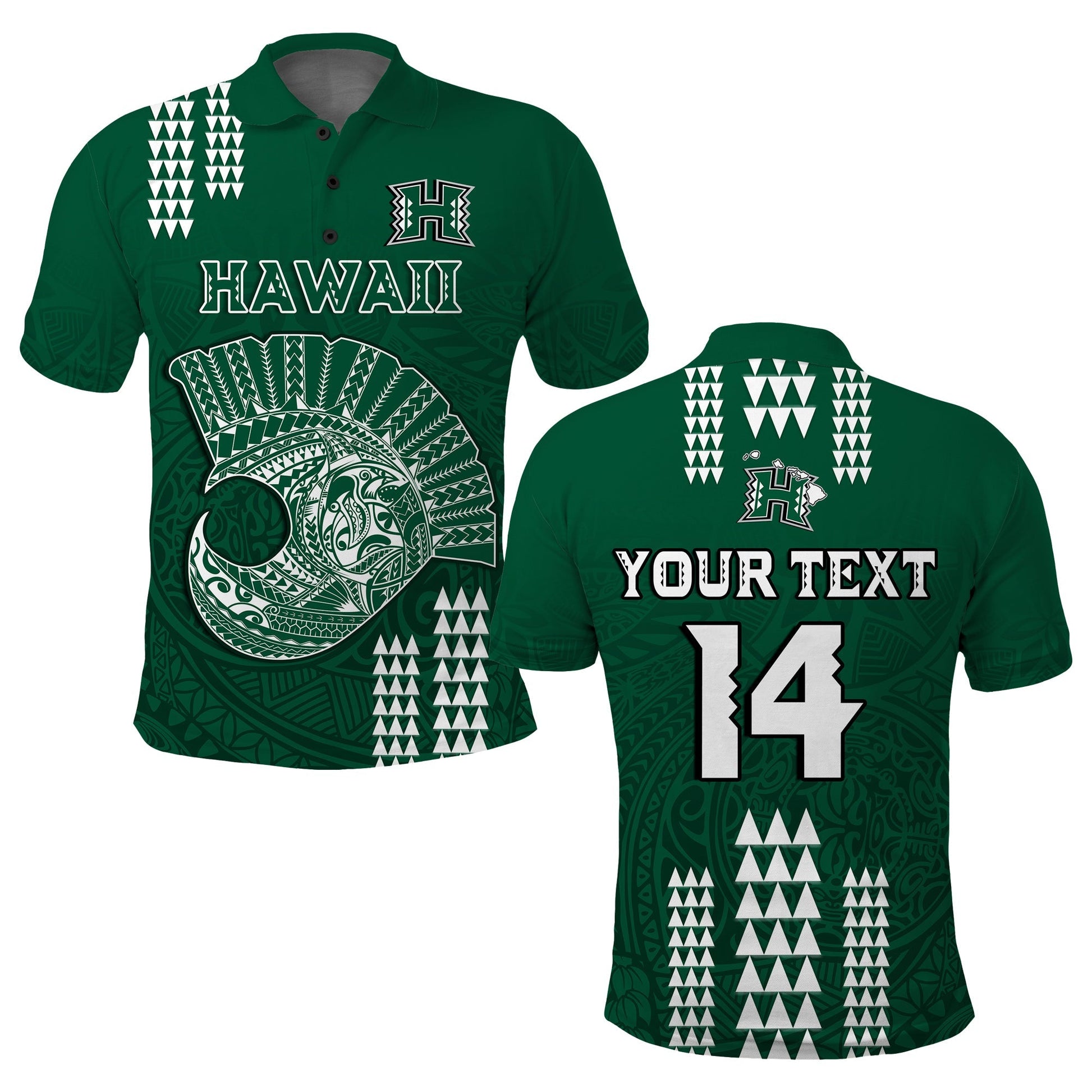 Custom Text And Number Hawaii Football Polo Shirt Kakau Rainbow Warriors Helmet