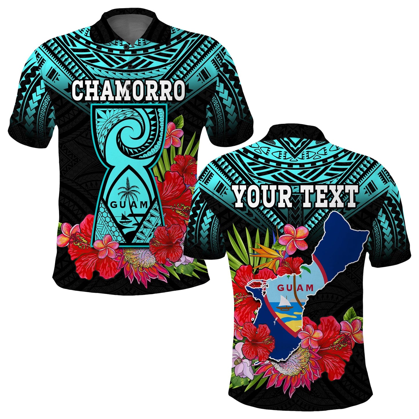 Custom Personalised Guam Chamorro Polo Shirt Guaman Latte Stone Tropical Flowers Turquoise Style