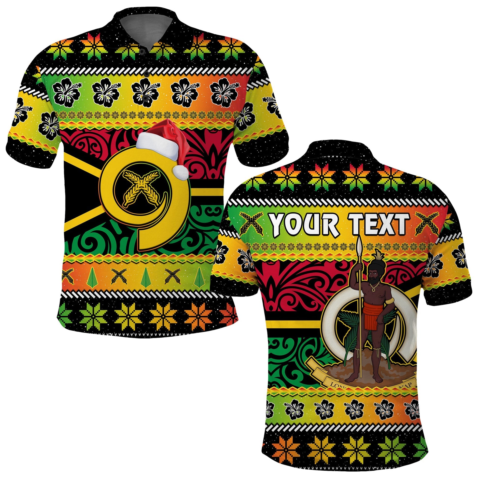 Custom Personalised Vanuatu Christmas Polo Shirt Pig Tusk Polynesian Joyeux Noel Flag Art