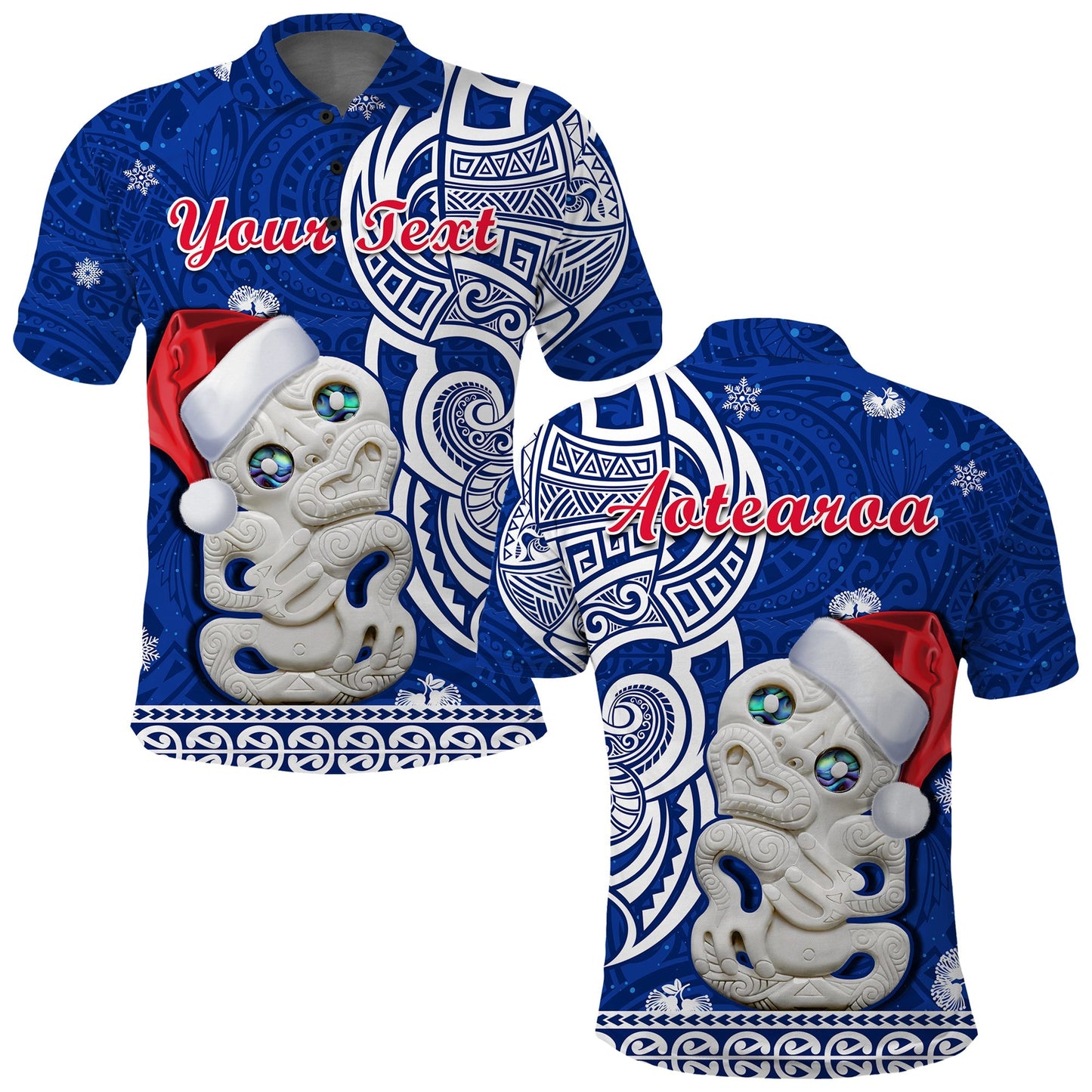 Custom Personalised New Zealand Christmas Polo Shirt Hei Tiki Blue Pohutukawa Meri Kirihimete