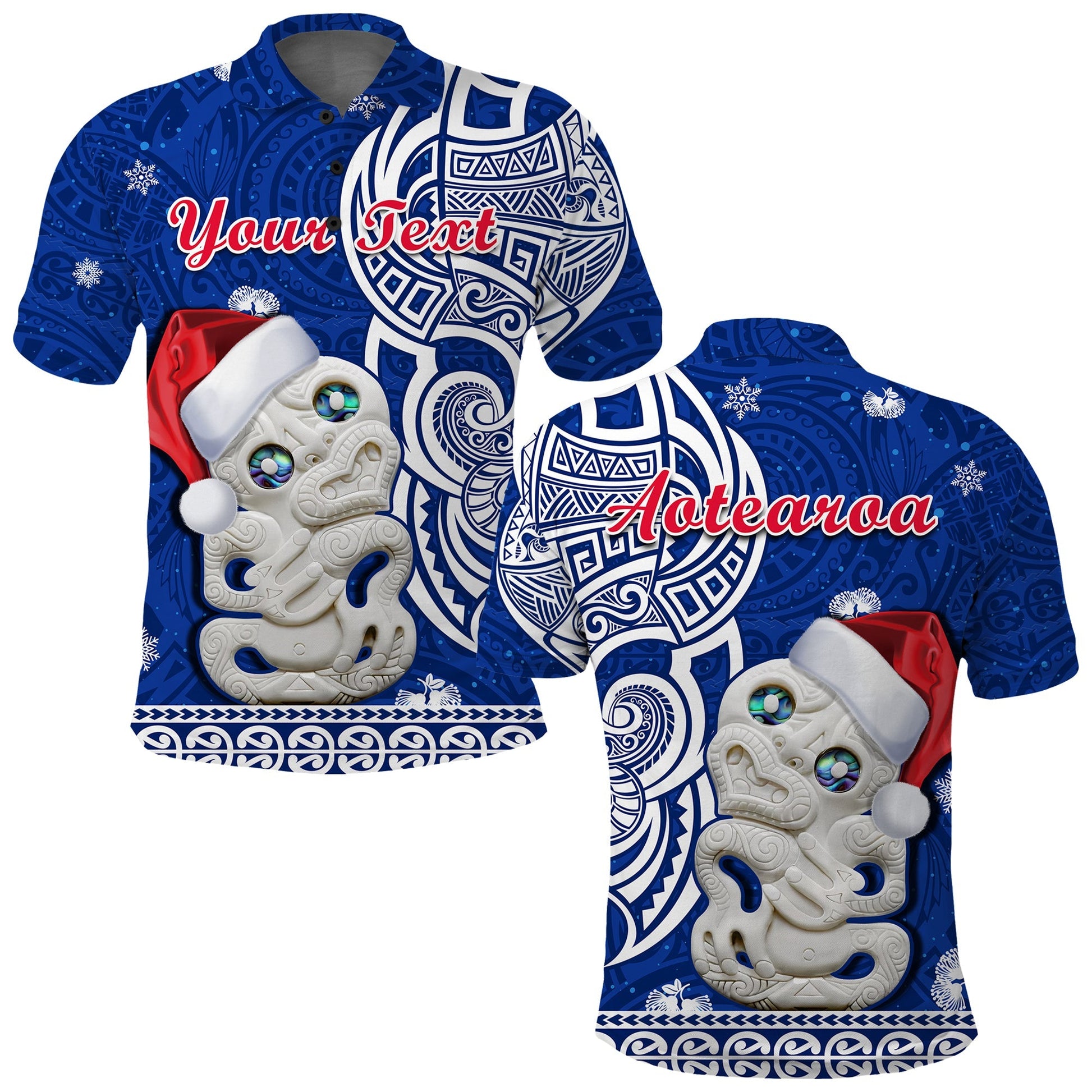 Custom Personalised New Zealand Christmas Polo Shirt Hei Tiki Blue Pohutukawa Meri Kirihimete