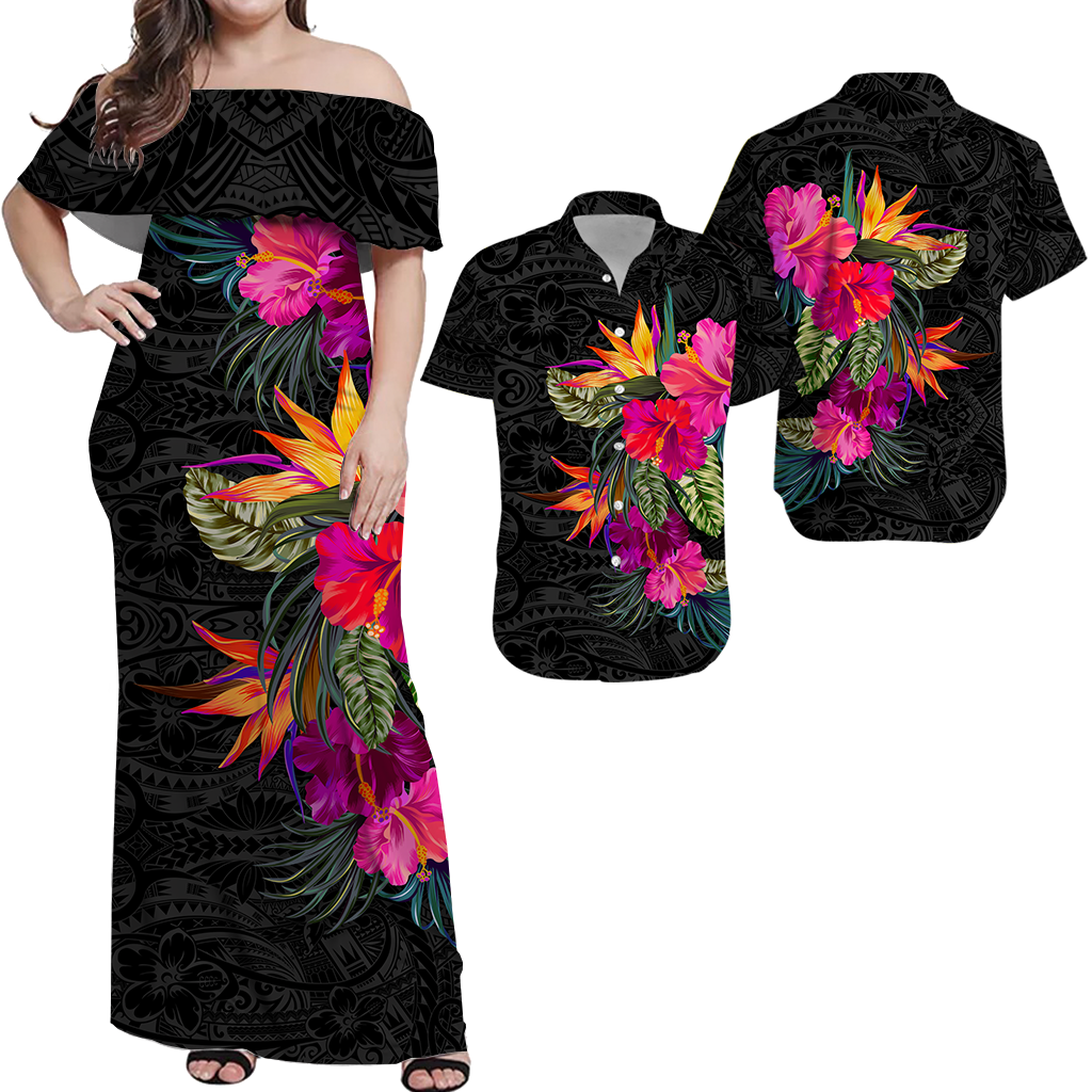 Matching Outfits For Couples Polynesia Hibiscus Polynesian Tribal Combo Dress And Hawaiian Shirt