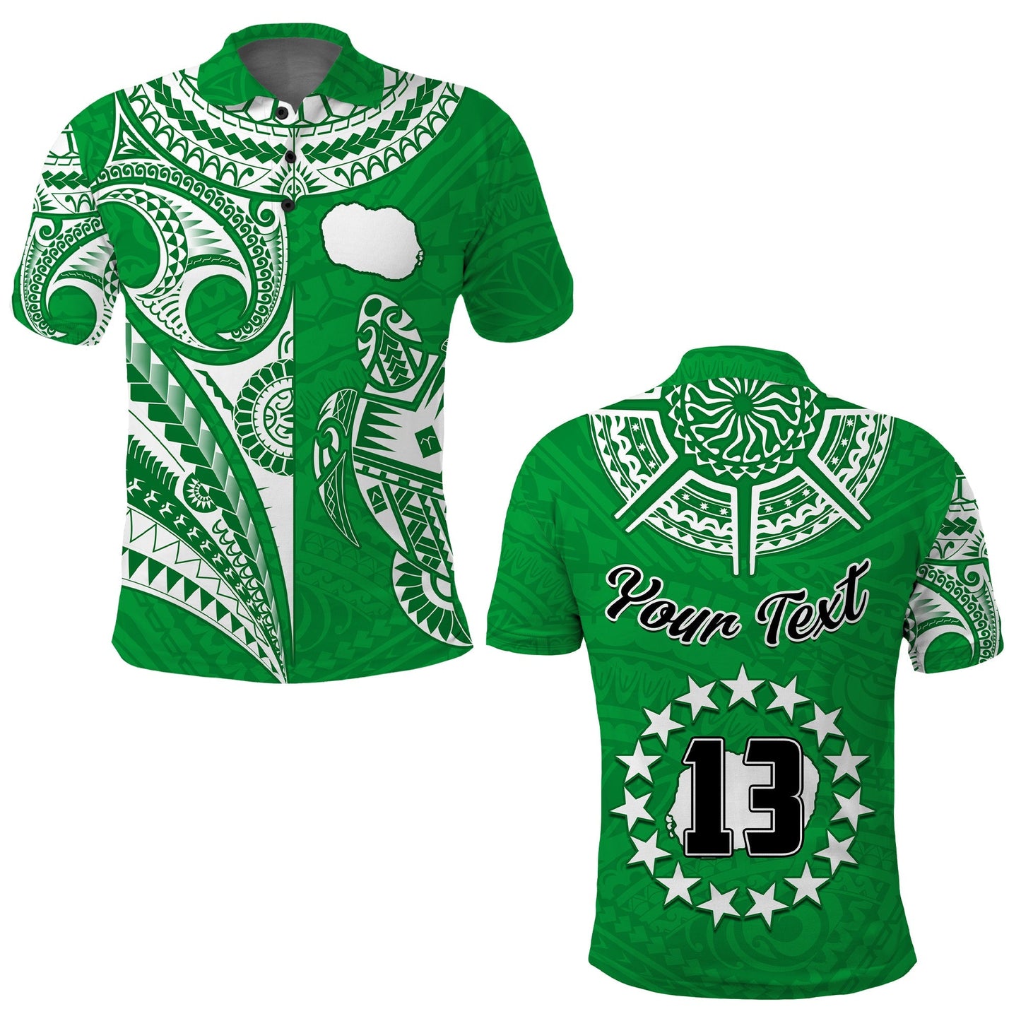 Custom Text and Number Rarotonga Cook Islands Polo Shirt Turtle and Map Style Green