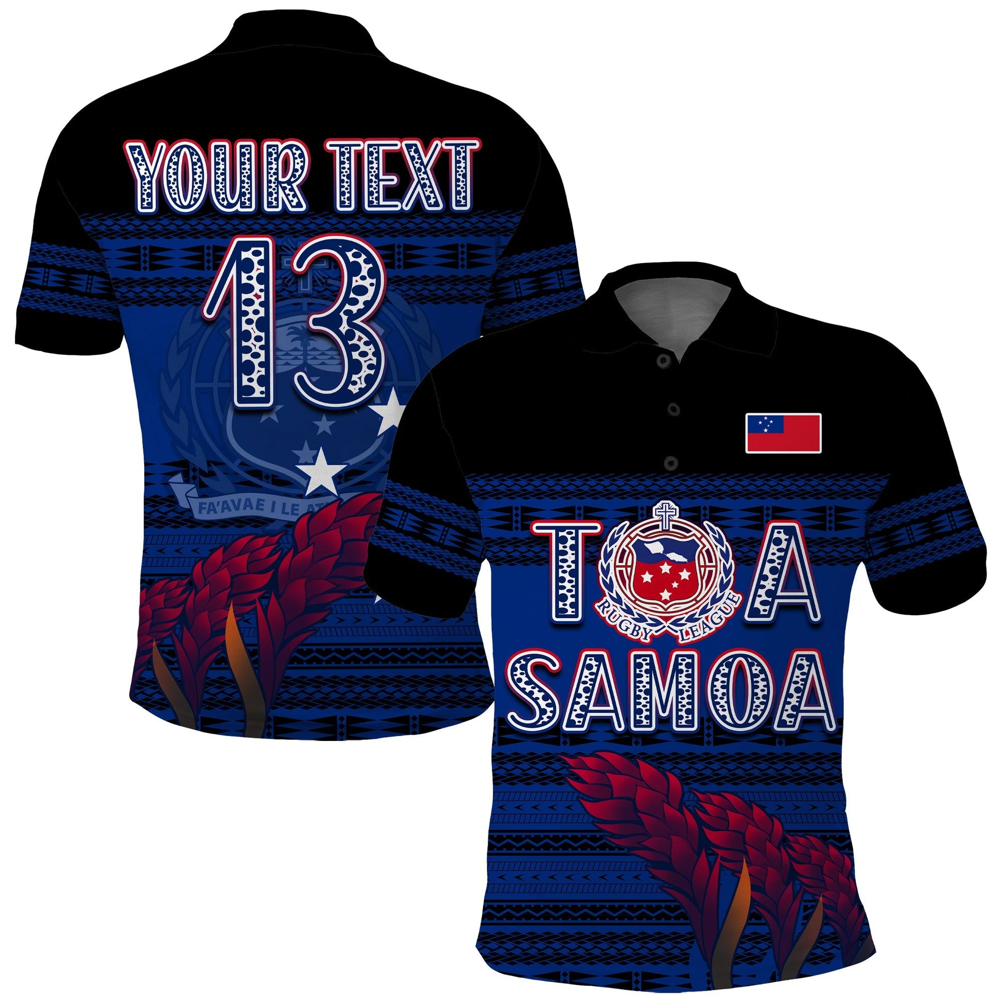 Custom Personalise Text and Number Toa Samoa Rugby Polo Shirt Uso Aso Uma Go Champions Blue