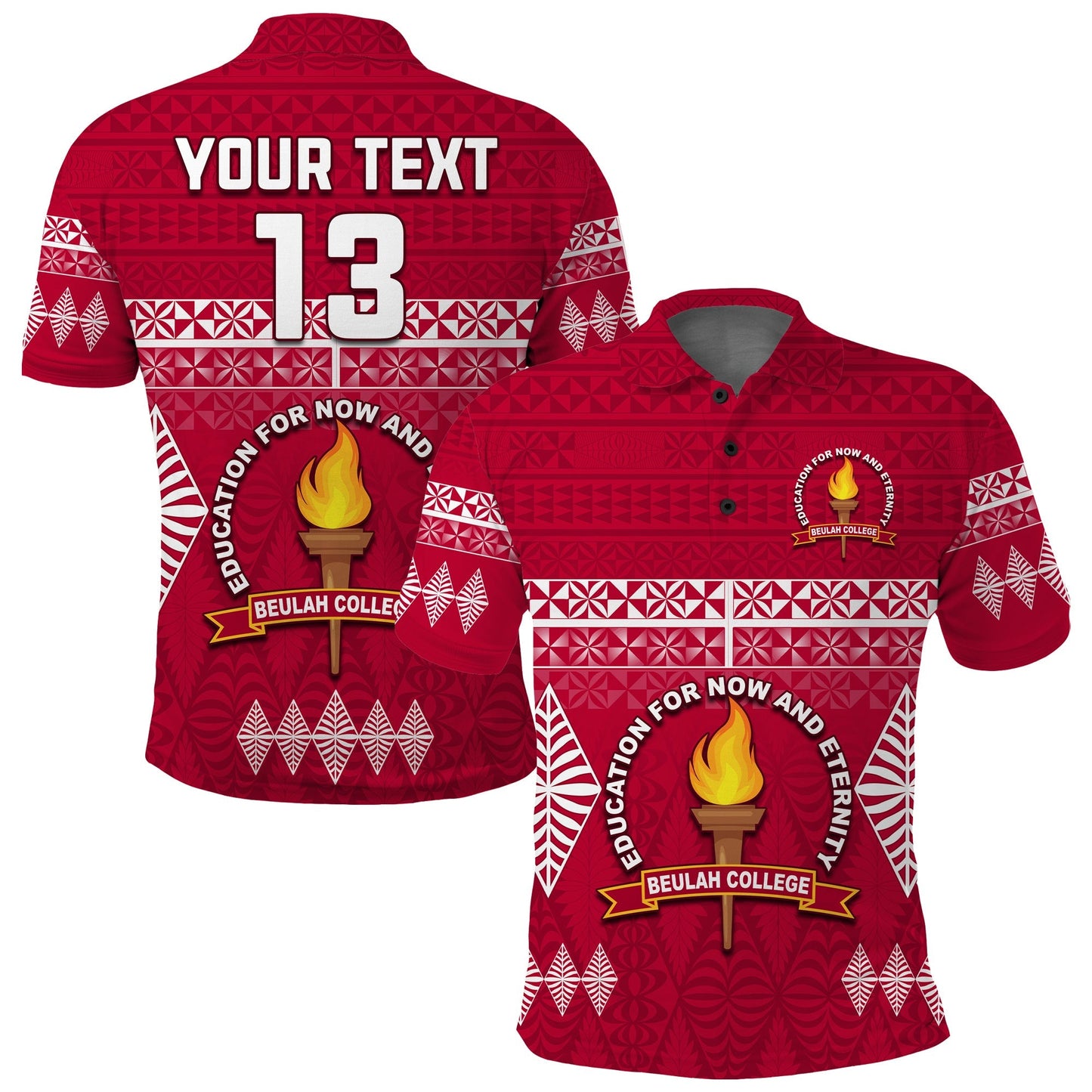 Custom Text and Number Beulah College Polo Shirt Ngatu Pattern Tonga