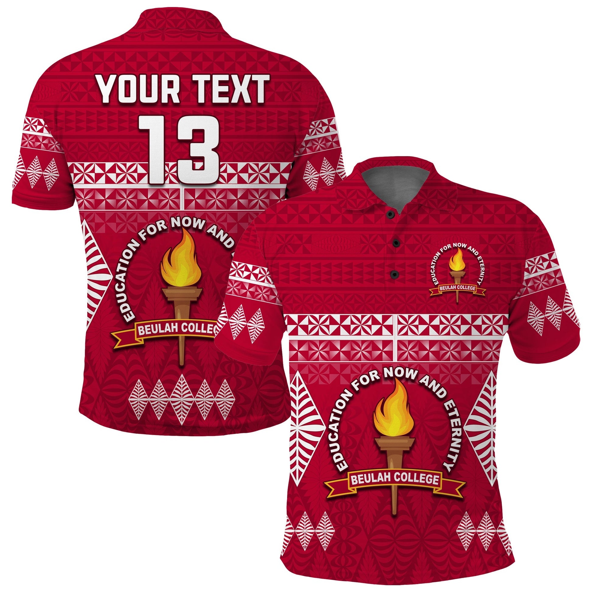 Custom Text and Number Beulah College Polo Shirt Ngatu Pattern Tonga