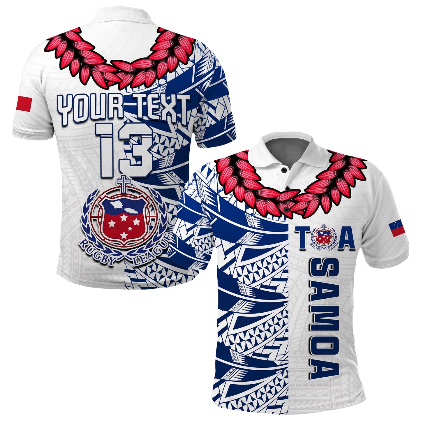 Custom Personalise Text and Number Toa Samoa Rugby Polo Shirt Siamupini Ula Fala White