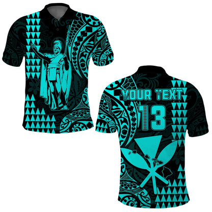Custom Text and Number Hawaii Day Kakau Polo Shirt Proud To Be Hawaiian Turquoise King Kamehameha and Kanaka Maoli