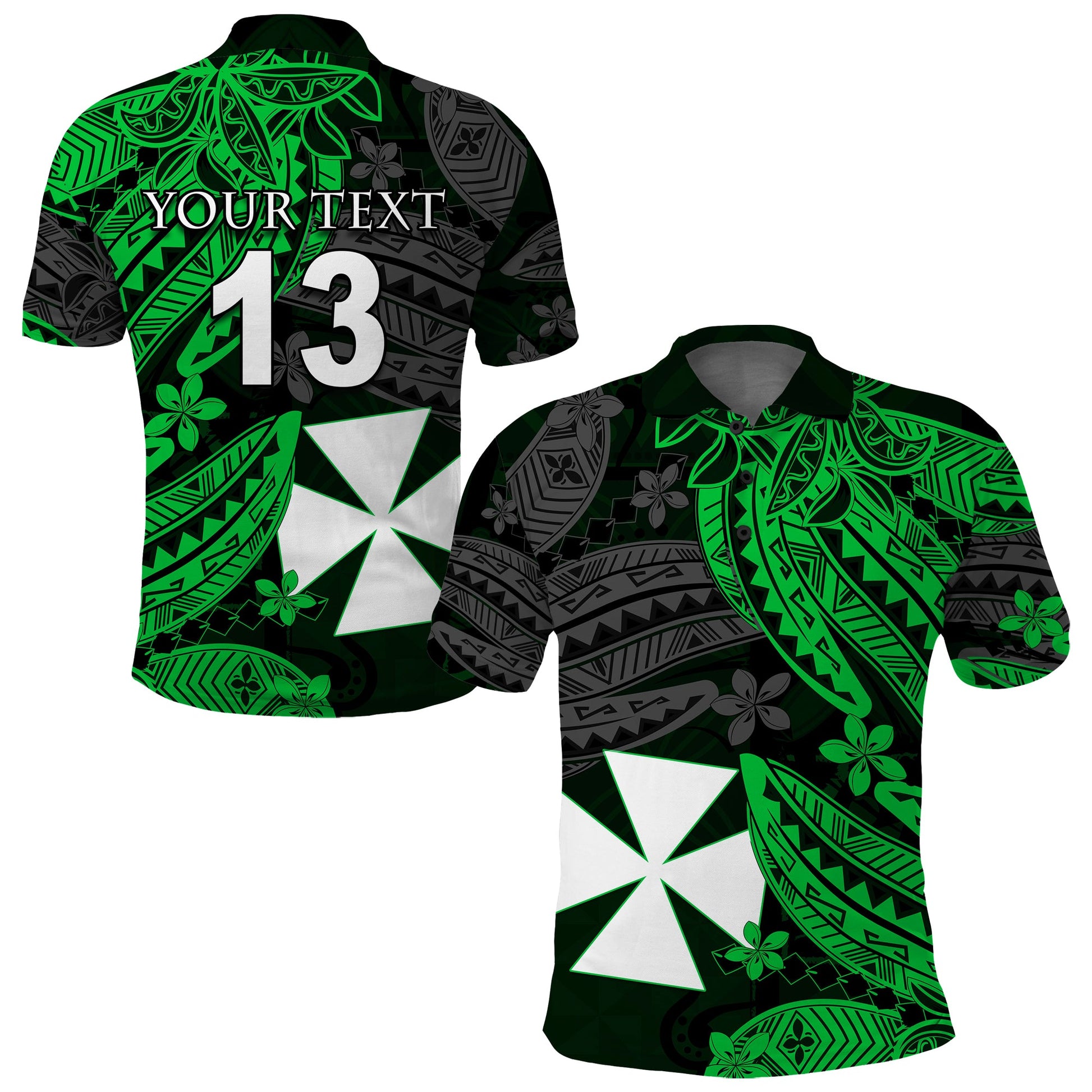 Custom Text and Number Wallis and Futuna Polo Shirt Enjoy Polynesian Flowers Version Green