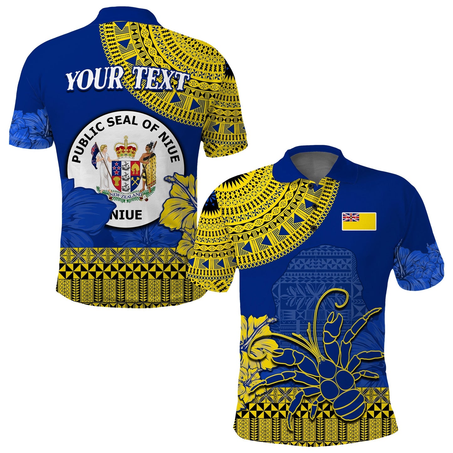 Custom Personalised Niue Hiapo Polo Shirt Rock of Polynesia Tapa Niuean Crab Happy Day