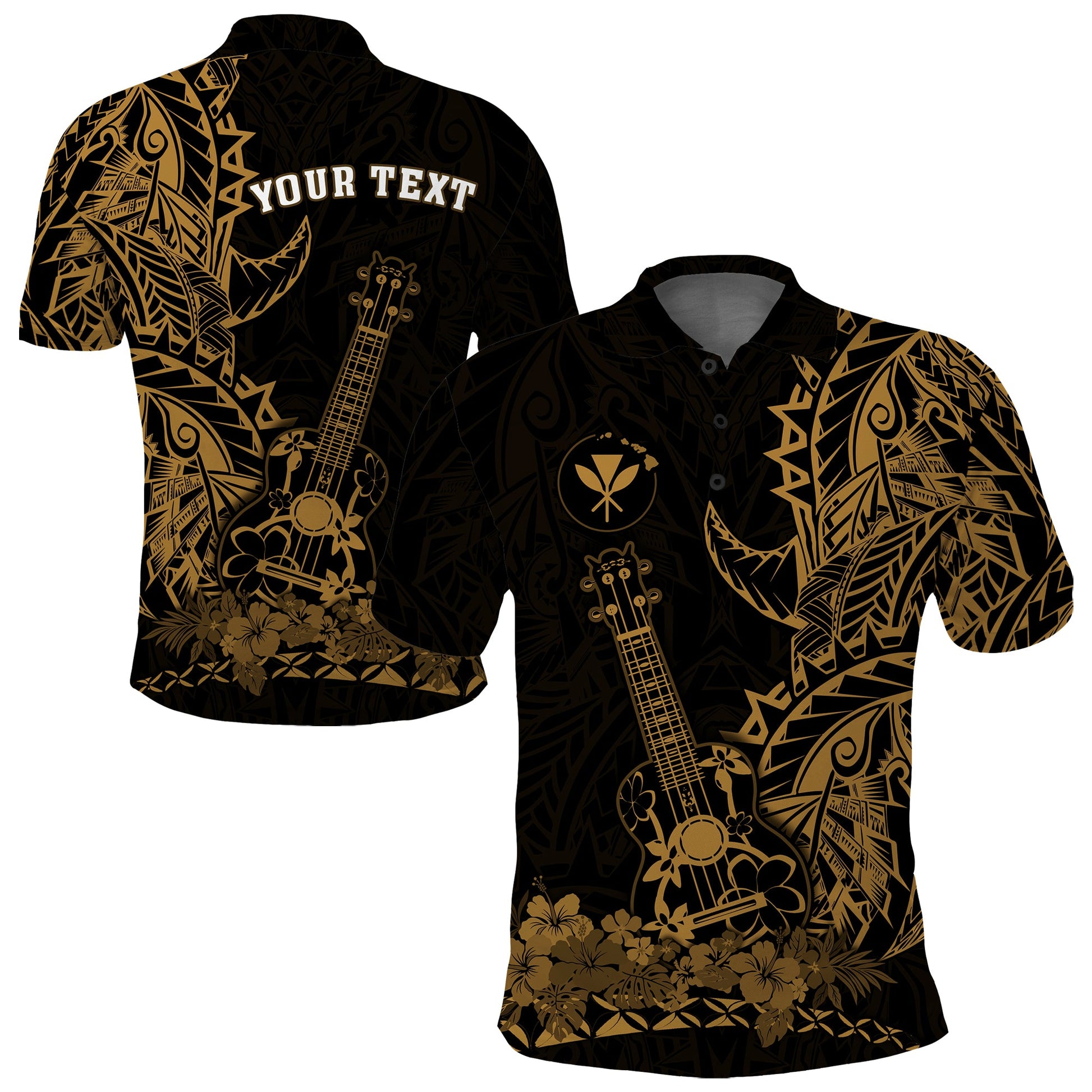 Custom Personalised Hawaii Polynesian Polo Shirt Ukulele Gold