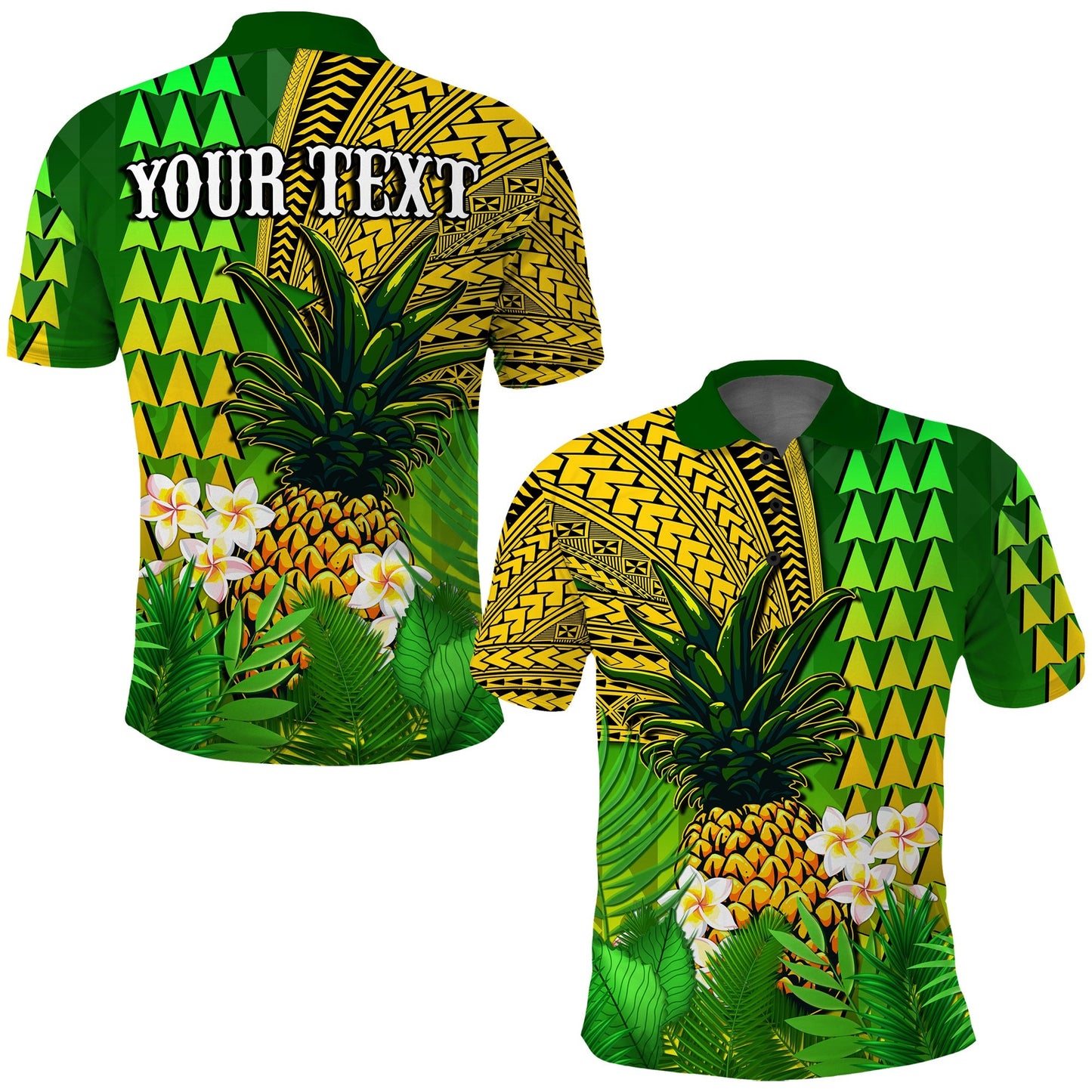 Custom Personalised Hawaii Pineapple Polo Shirt Plumeria Frangipani Mix Tribal Pattern