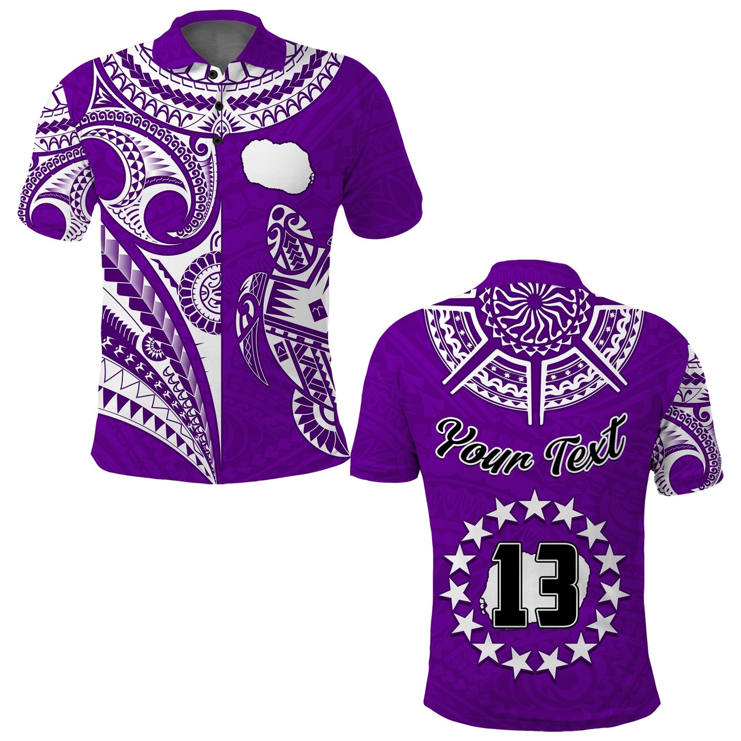 Custom Text and Number Rarotonga Cook Islands Polo Shirt Turtle and Map Style Purple
