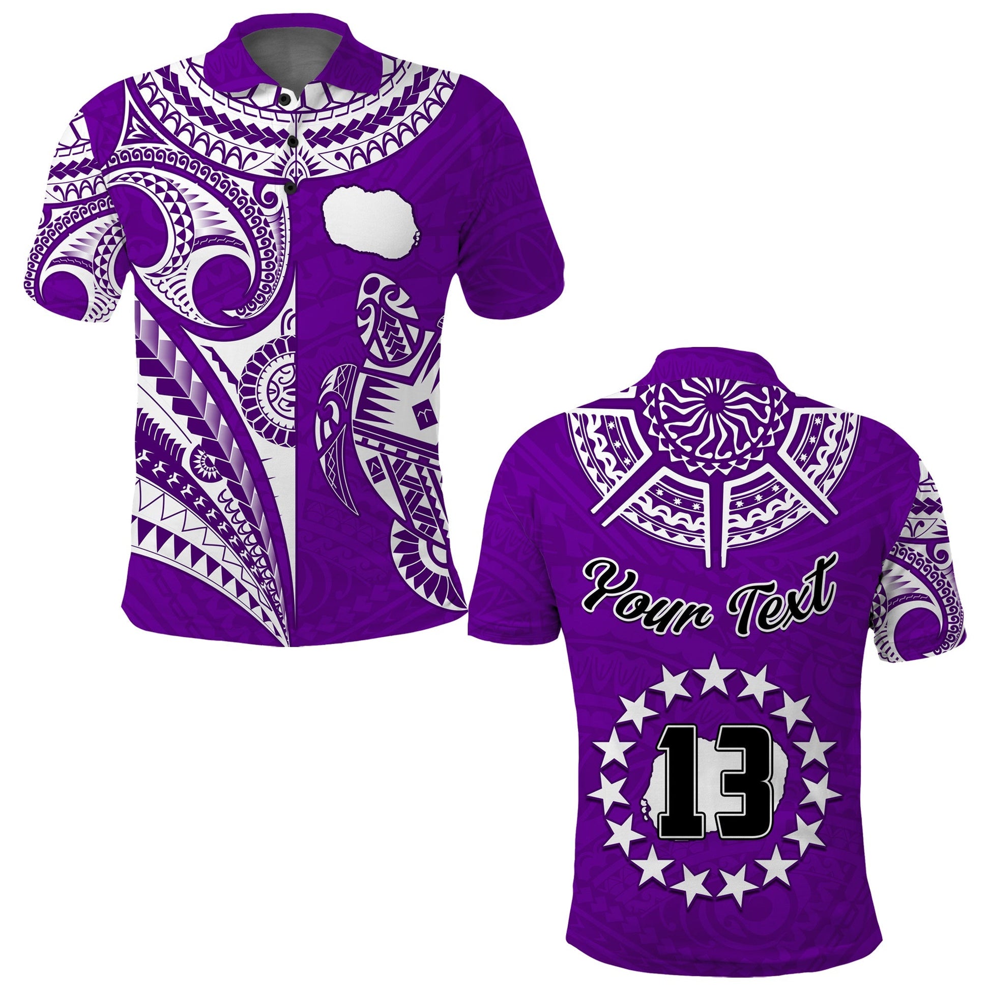 Custom Text and Number Rarotonga Cook Islands Polo Shirt Turtle and Map Style Purple