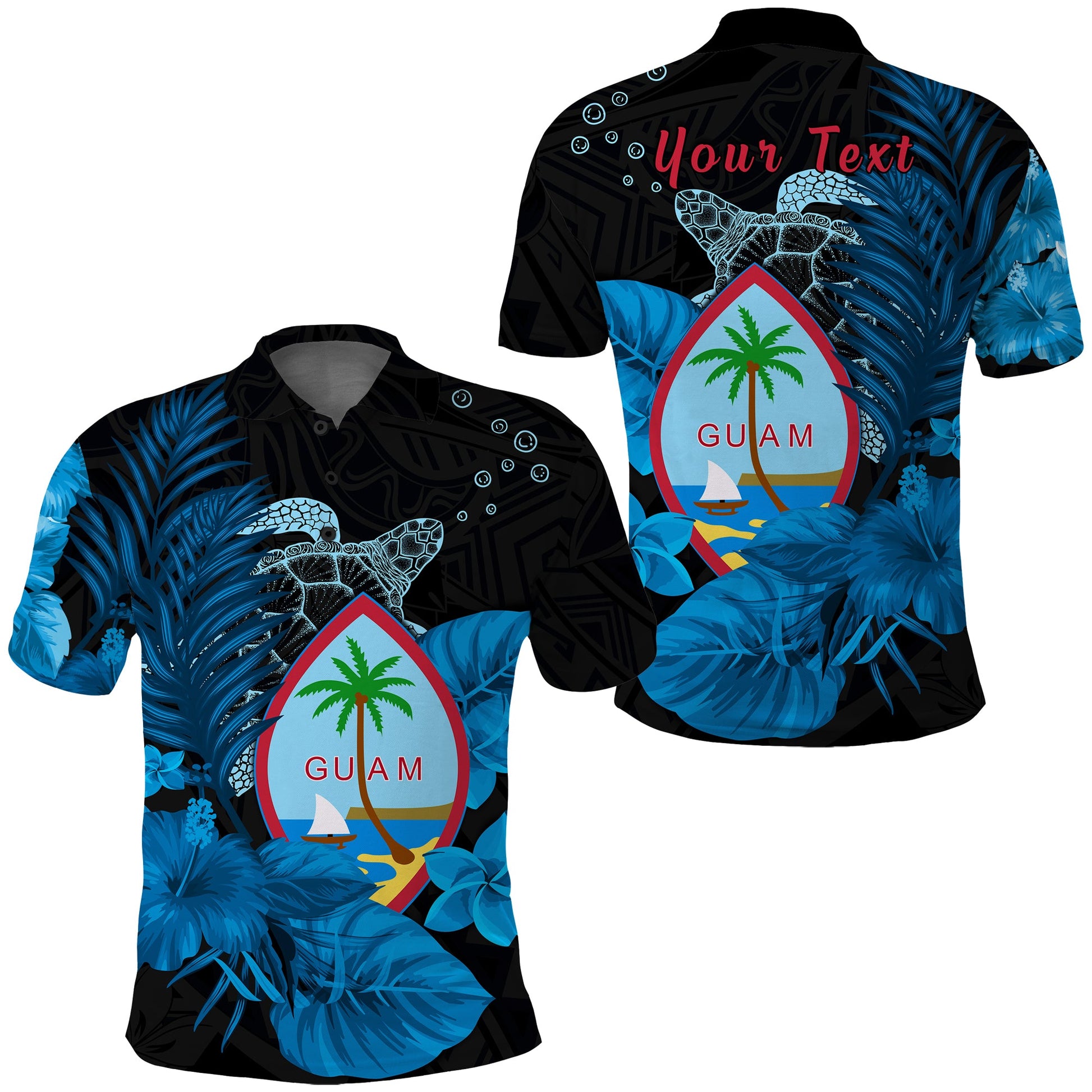 Custom Personalised Guam Seal Polo Shirt Polynesian Turtle with Flowers Version Blue