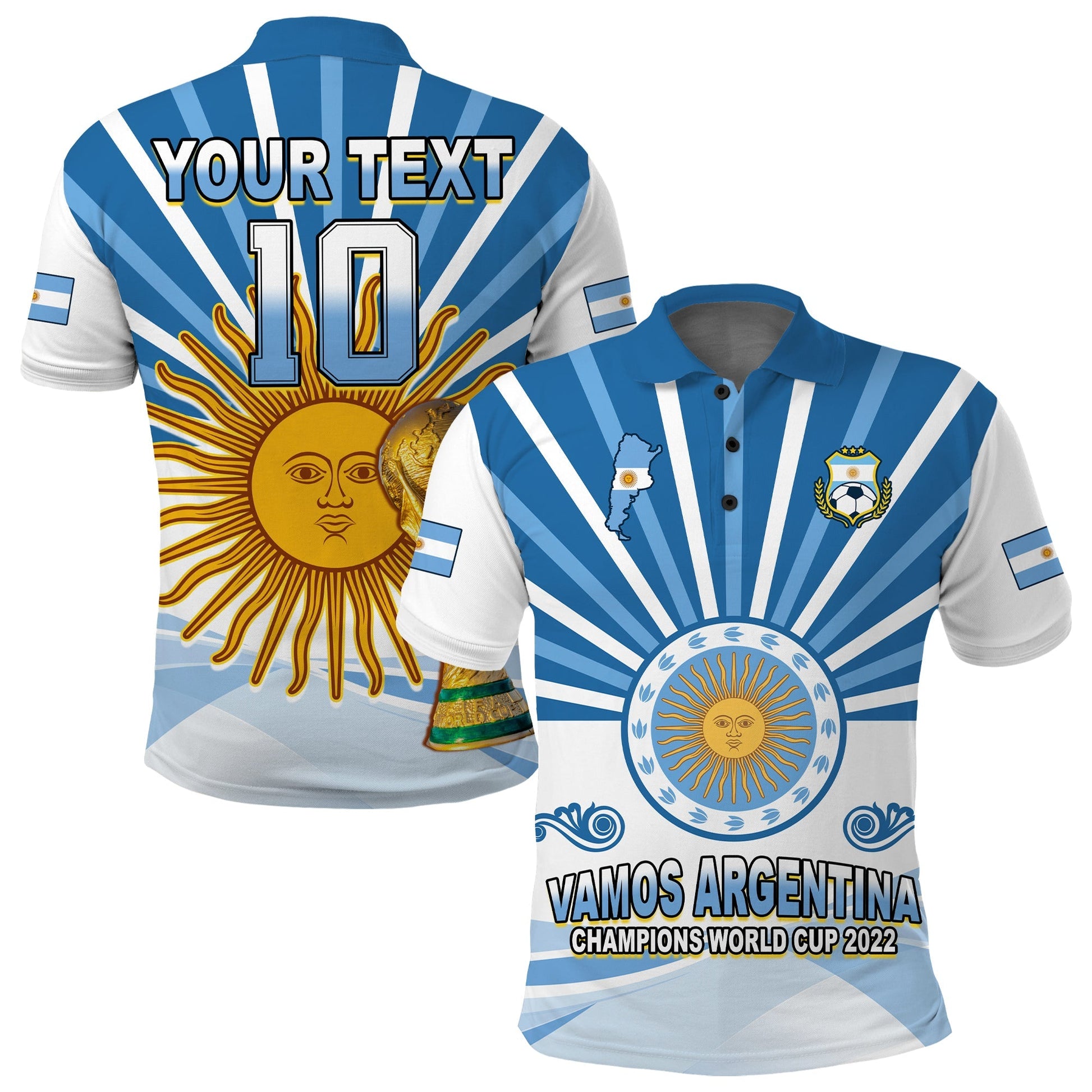 (Custom Text and Number) Argentina Football Polo Shirt The Sun WC2022 Soccer Vamos La Albiceleste