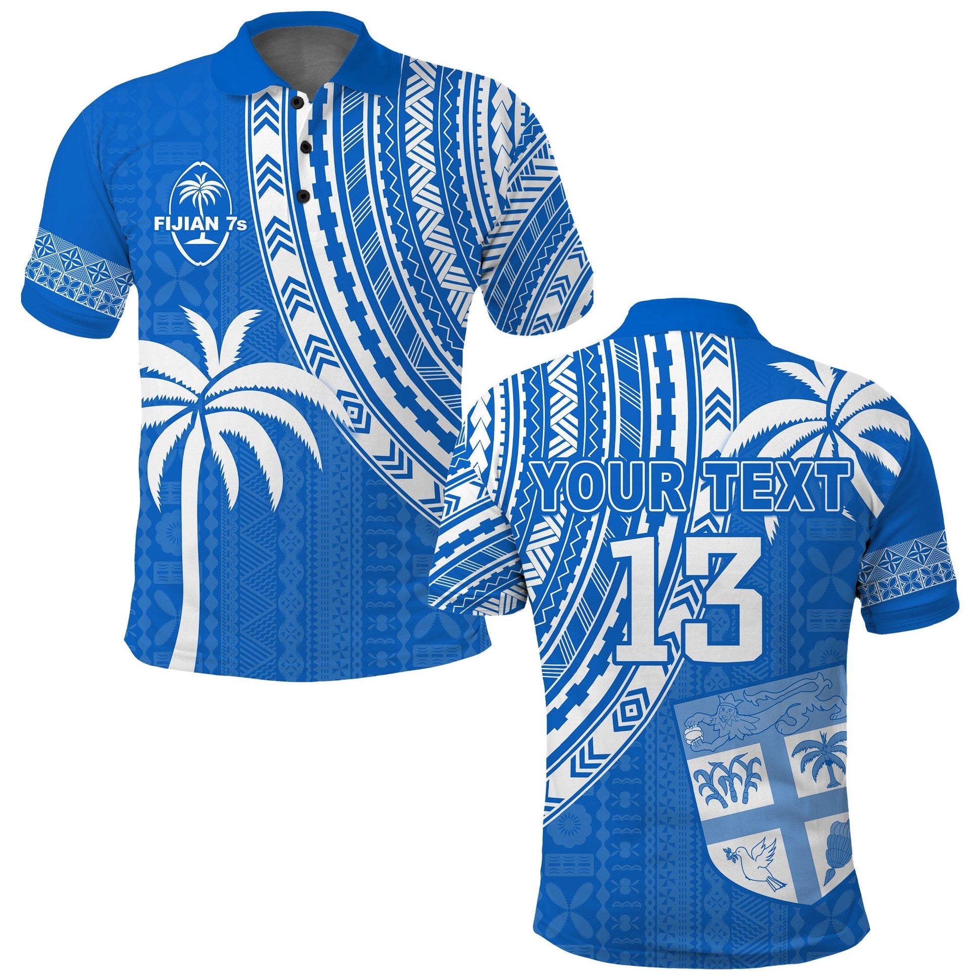 Custom Text and Number Fiji Rugby Sevens Polo Shirt Fijian 7s Tapa Polynesian Blue Ver.01
