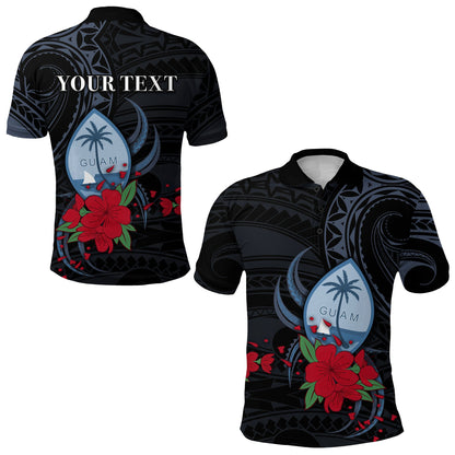 Custom Personalised Guam Polo Shirt Polynesian Flowers Version Black
