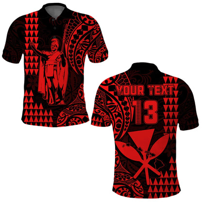 Custom Text and Number Hawaii Day Kakau Polo Shirt Proud To Be Hawaiian Red King Kamehameha and Kanaka Maoli
