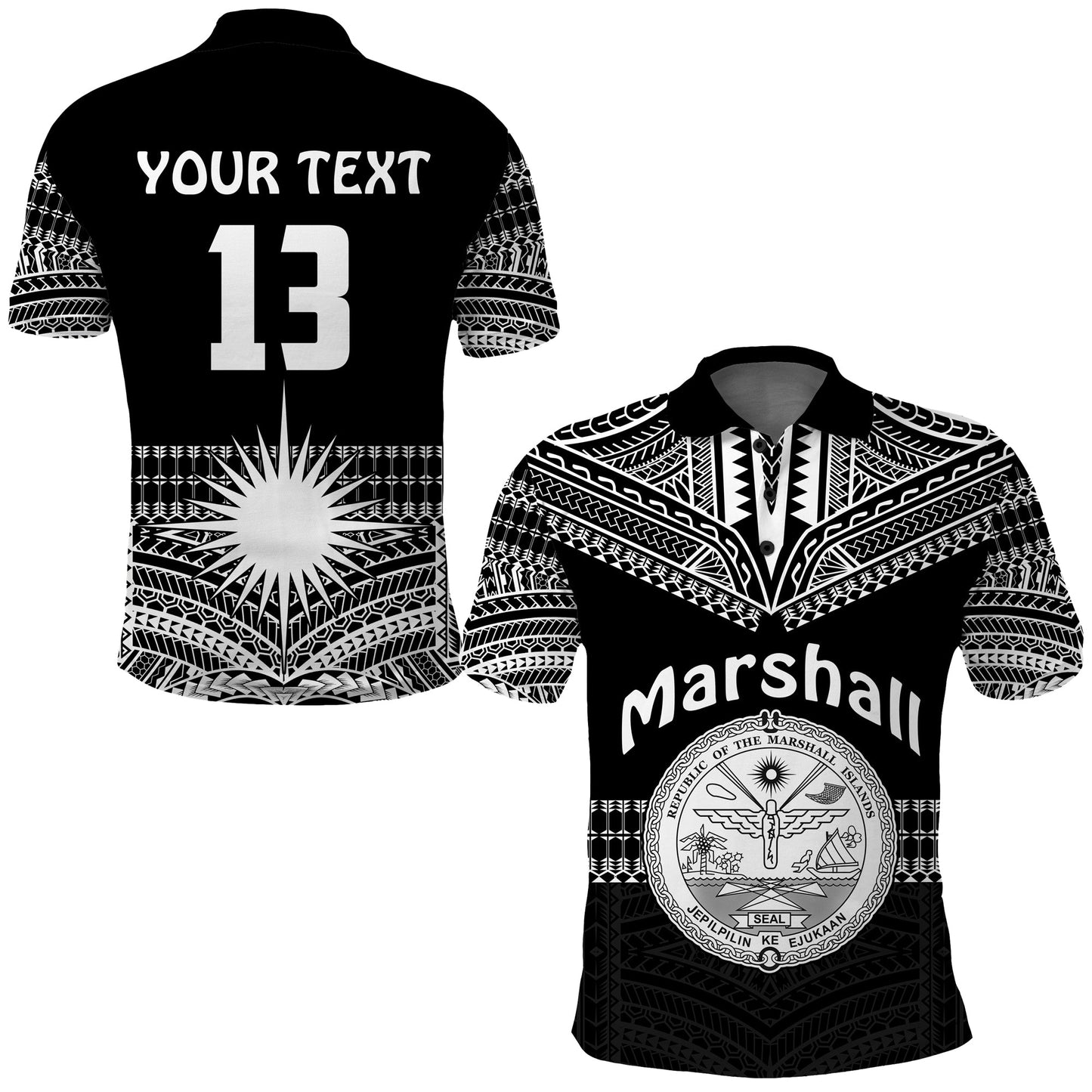 Custom Text and Number Marshall Islands Polo Shirt Best Tattoo Version Black