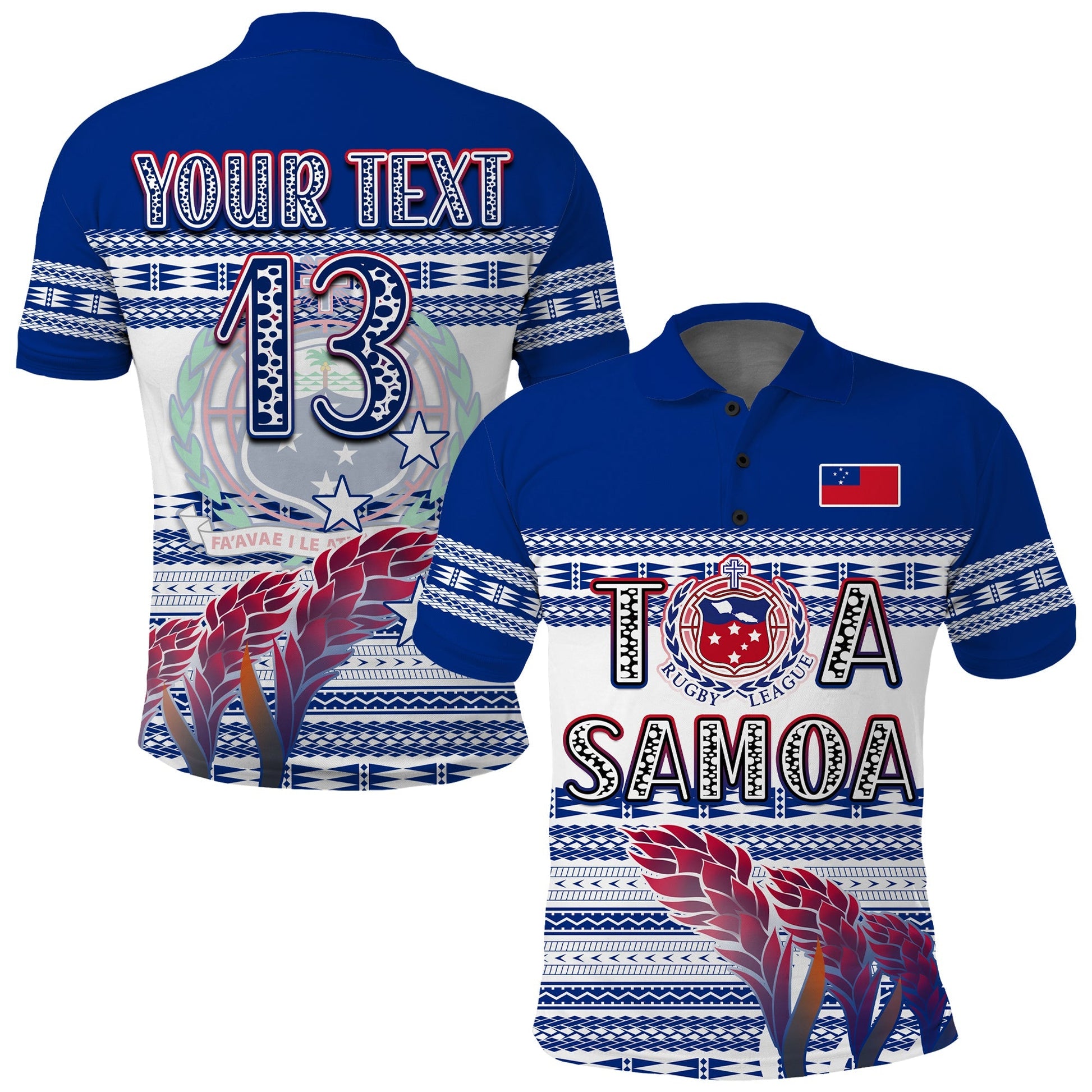 Custom Personalise Text and Number Toa Samoa Rugby Polo Shirt Uso Aso Uma Go Champions White