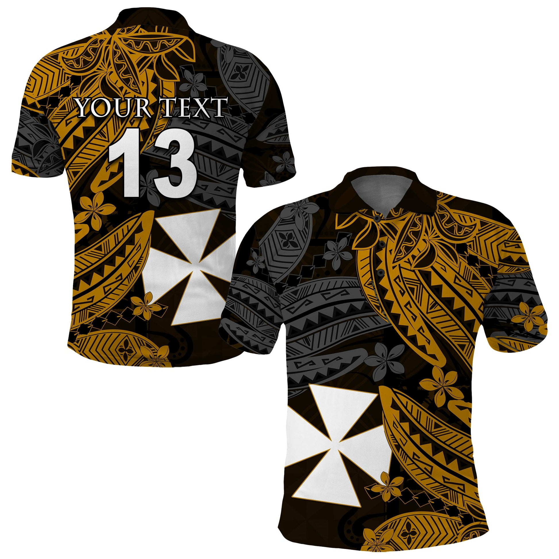 Custom Text and Number Wallis and Futuna Polo Shirt Enjoy Polynesian Flowers Version Gold