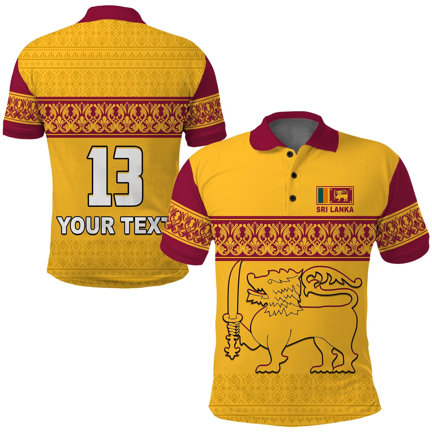 (Custom Text and Number) Sri Lanka Polo Shirt Traditional Pattern and Lion Flag