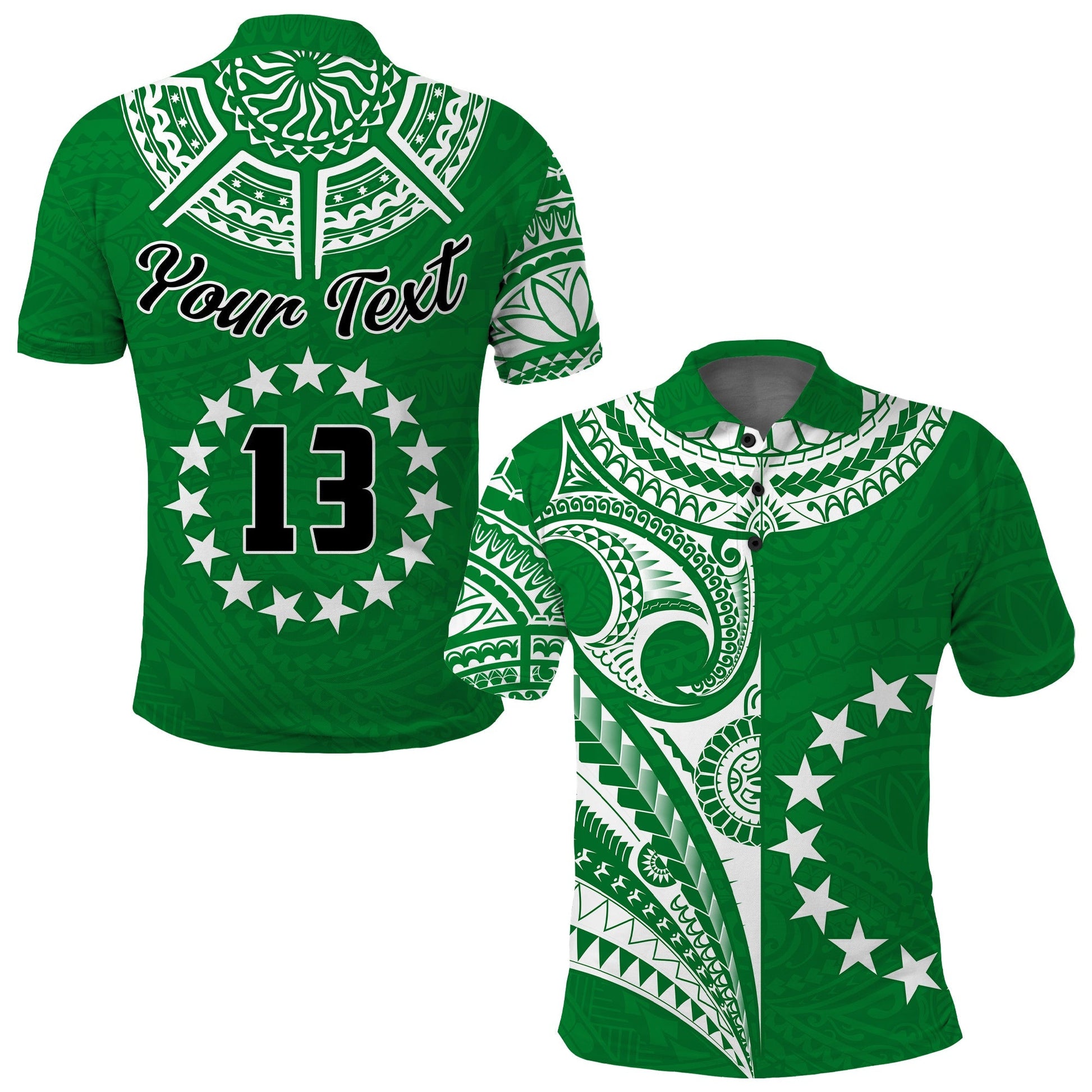 Custom Text and Number Cook Islands Tatau Polo Shirt Symbolize Passion Stars Version Green