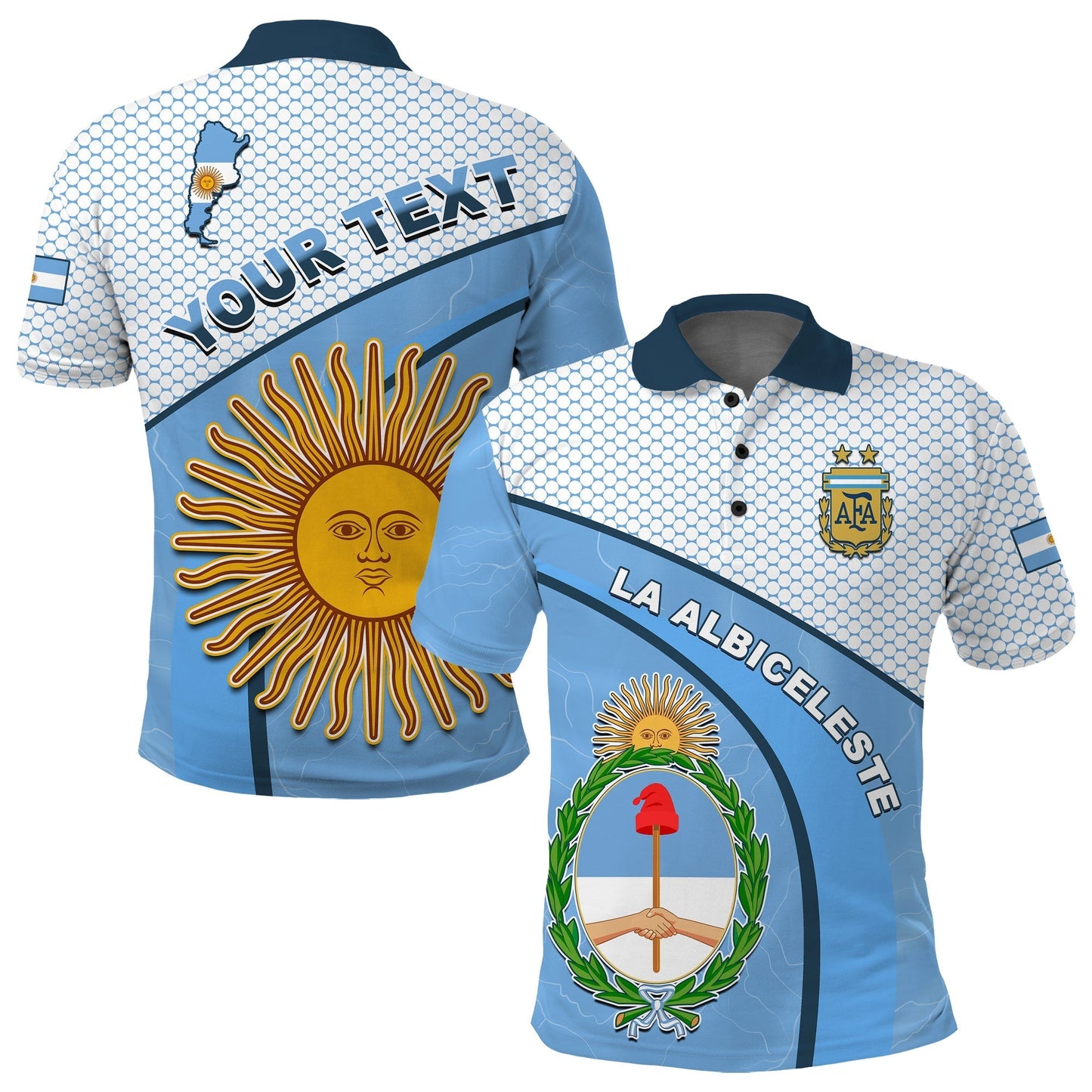 Custom Argentina Polo Shirt Football 2022 Champions Blue Sky May Sun