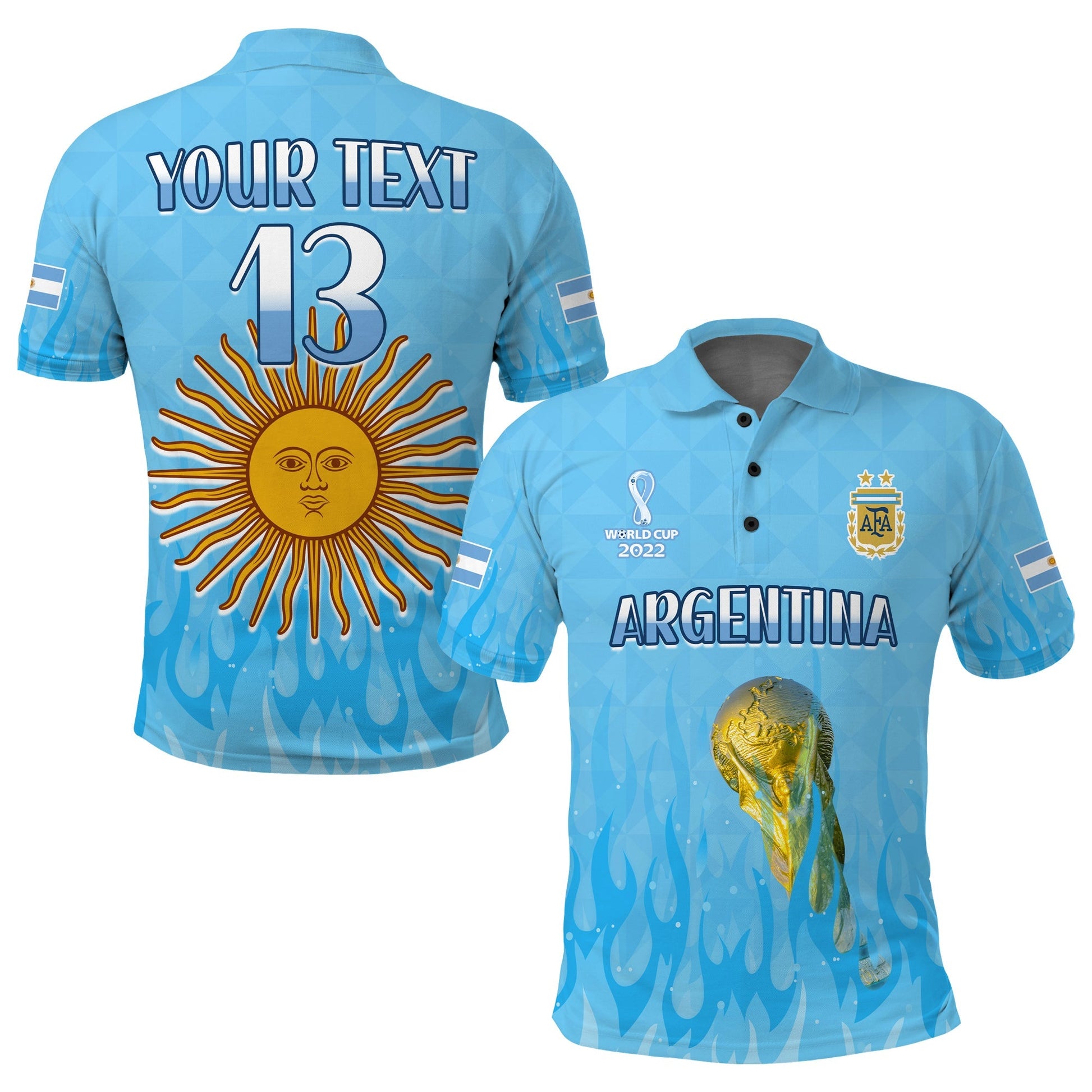(Custom Text and Number) Argentina Football Polo Shirt Vamos Sky Champions World Cup Fire