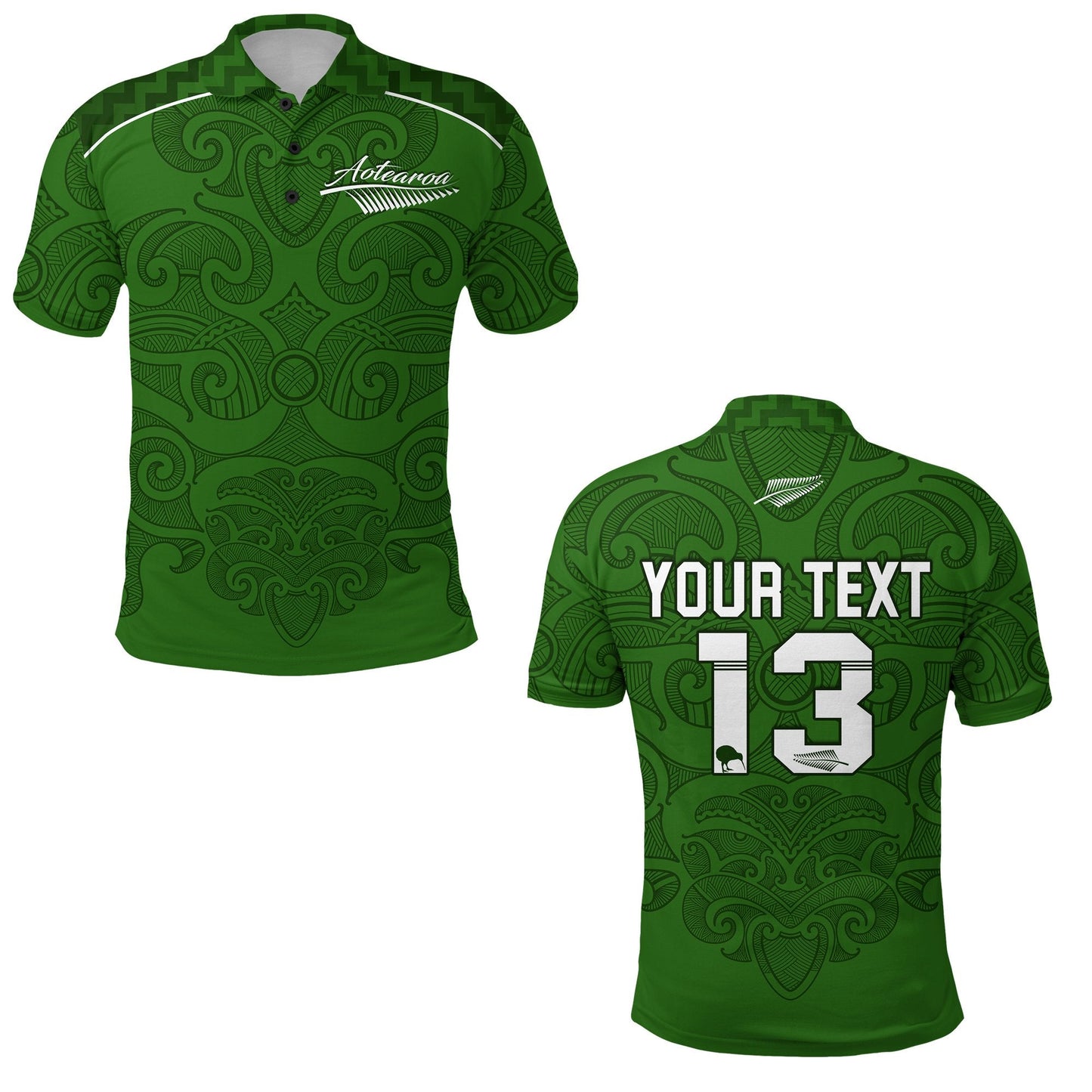 Custom Personalised Maori 2021 Polo Shirt - Green Aotearoa Tattoo - Custom Text and Number
