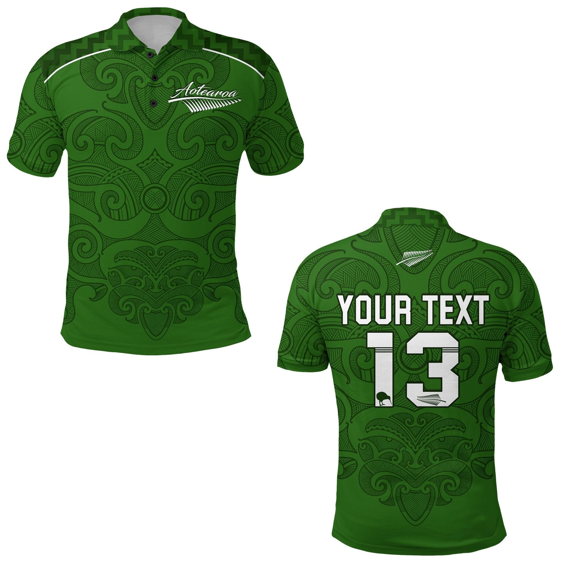 Custom Personalised Maori 2021 Polo Shirt - Green Aotearoa Tattoo - Custom Text and Number
