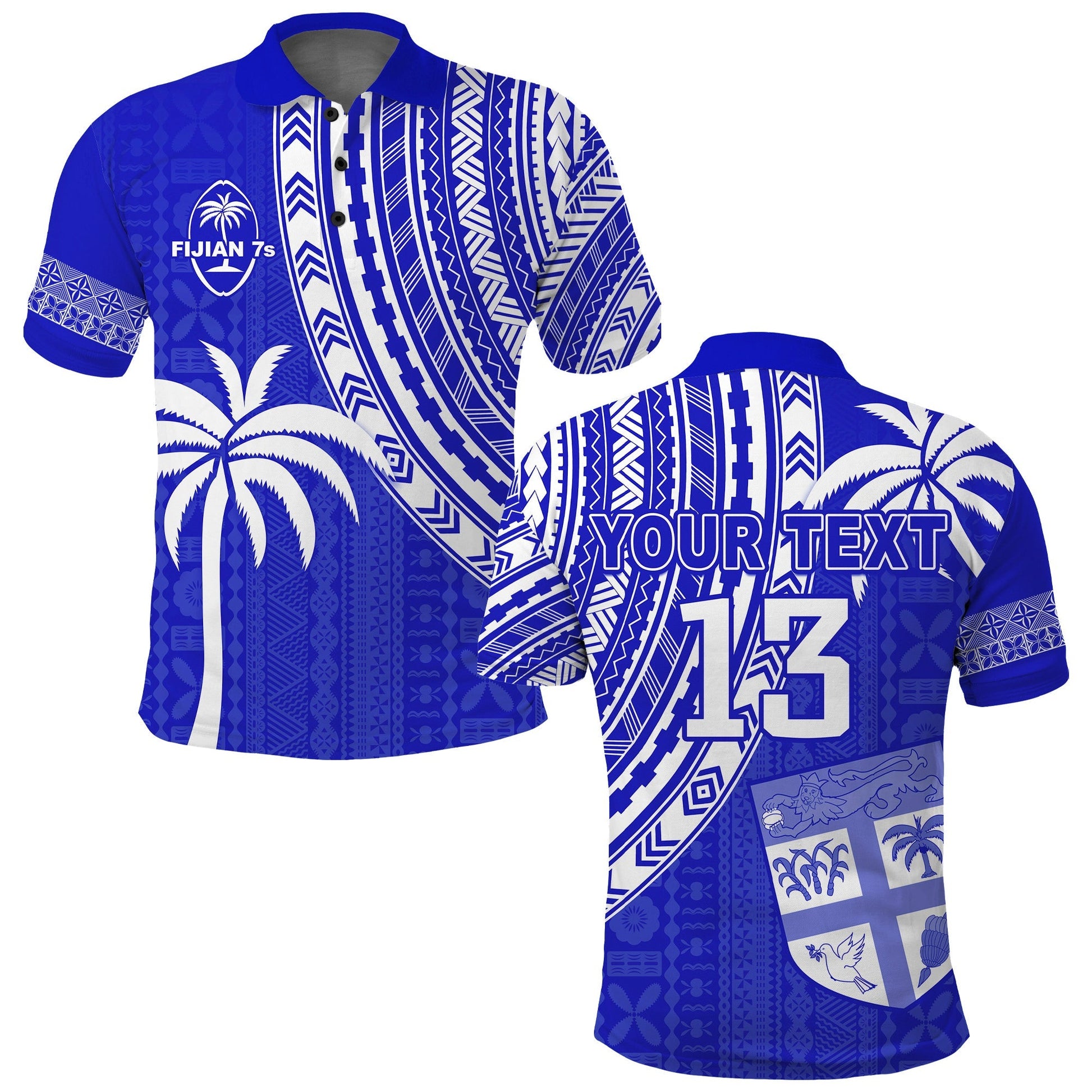 Custom Text and Number Fiji Rugby Sevens Polo Shirt Fijian 7s Tapa Polynesian Blue Ver.02