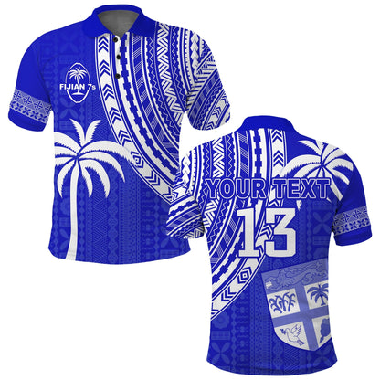 Custom Text and Number Fiji Rugby Sevens Polo Shirt Fijian 7s Tapa Polynesian Blue Ver.02
